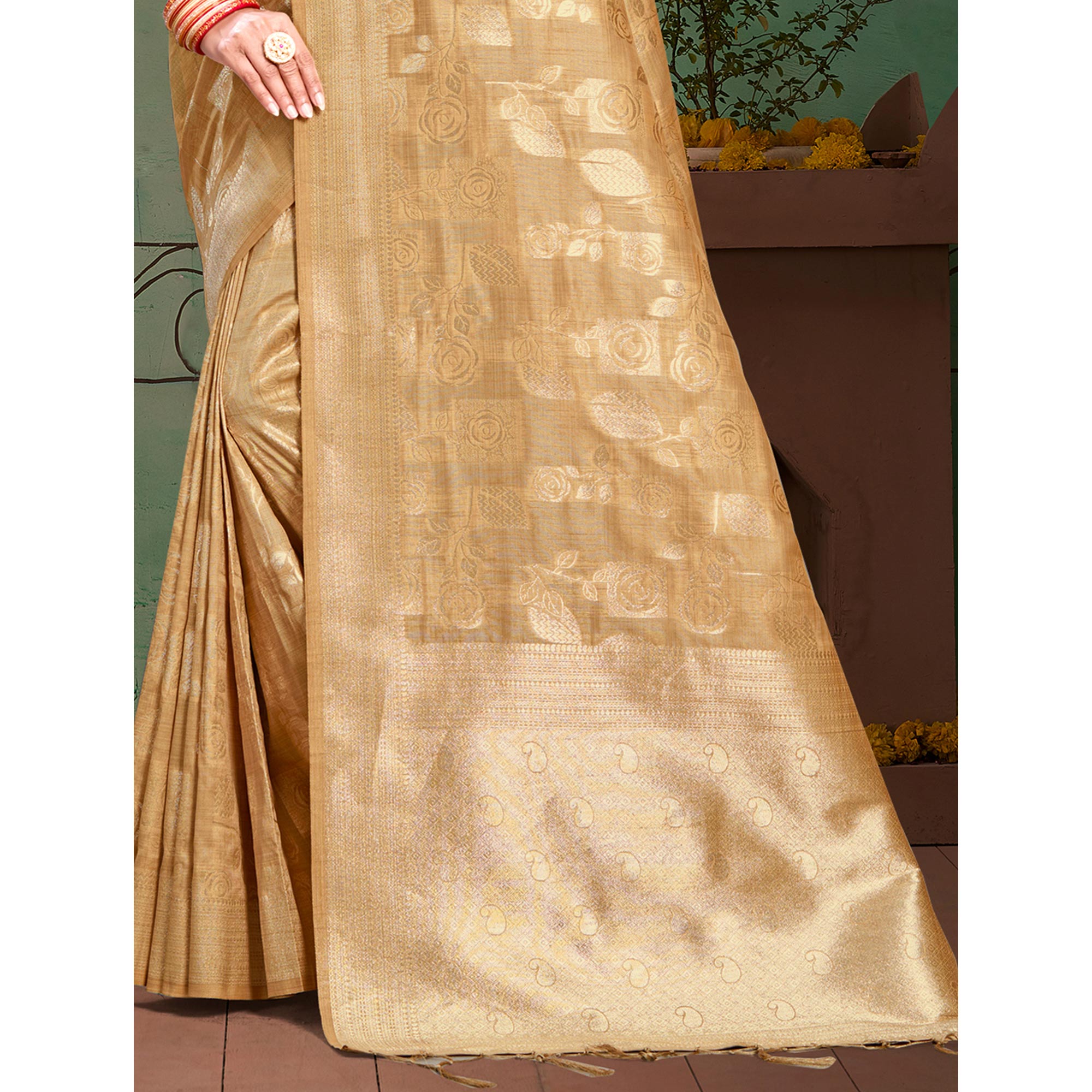 Beige Floral Woven Cotton Silk Saree With Tassels