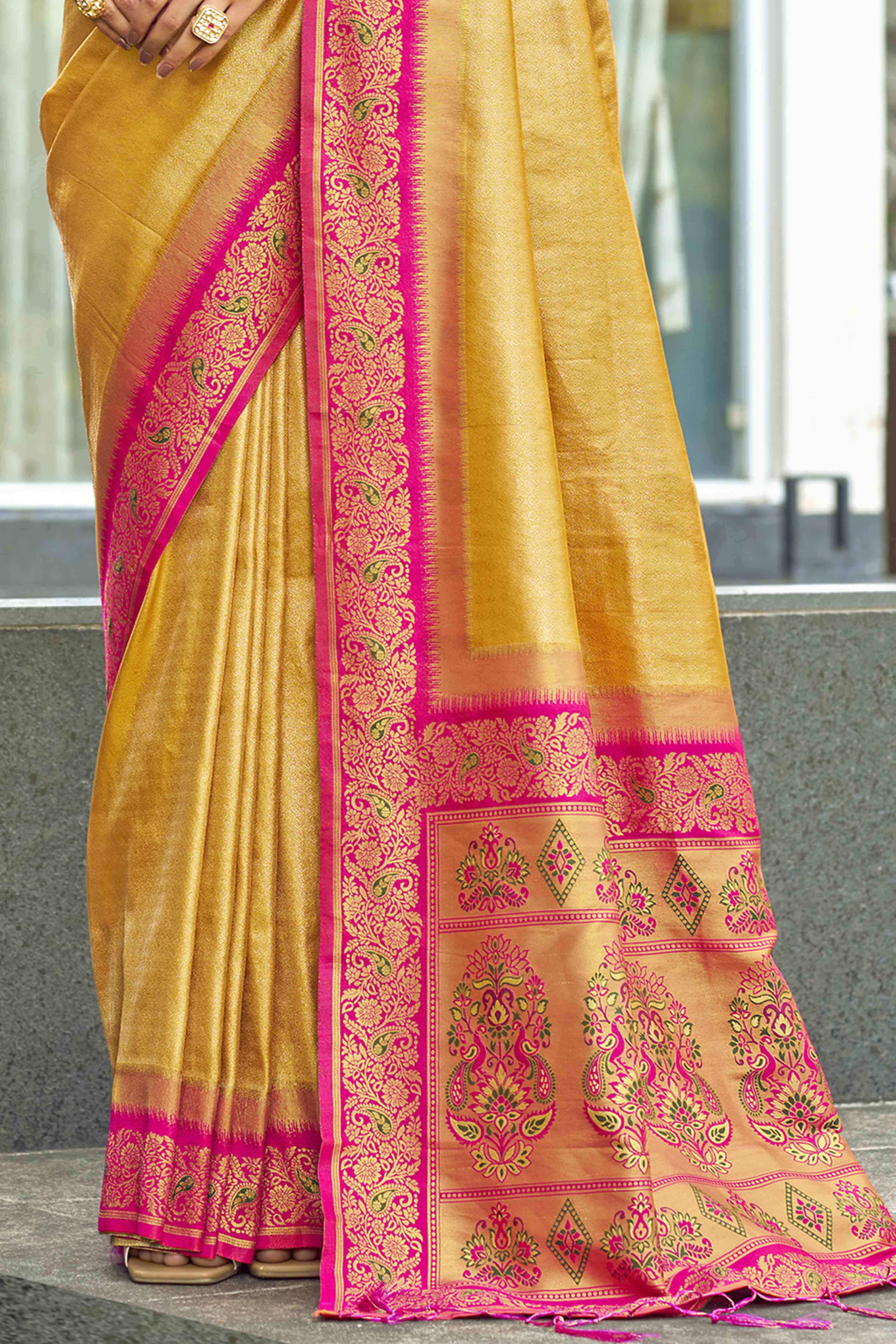 Mustard Zari Weaving Organza Saree