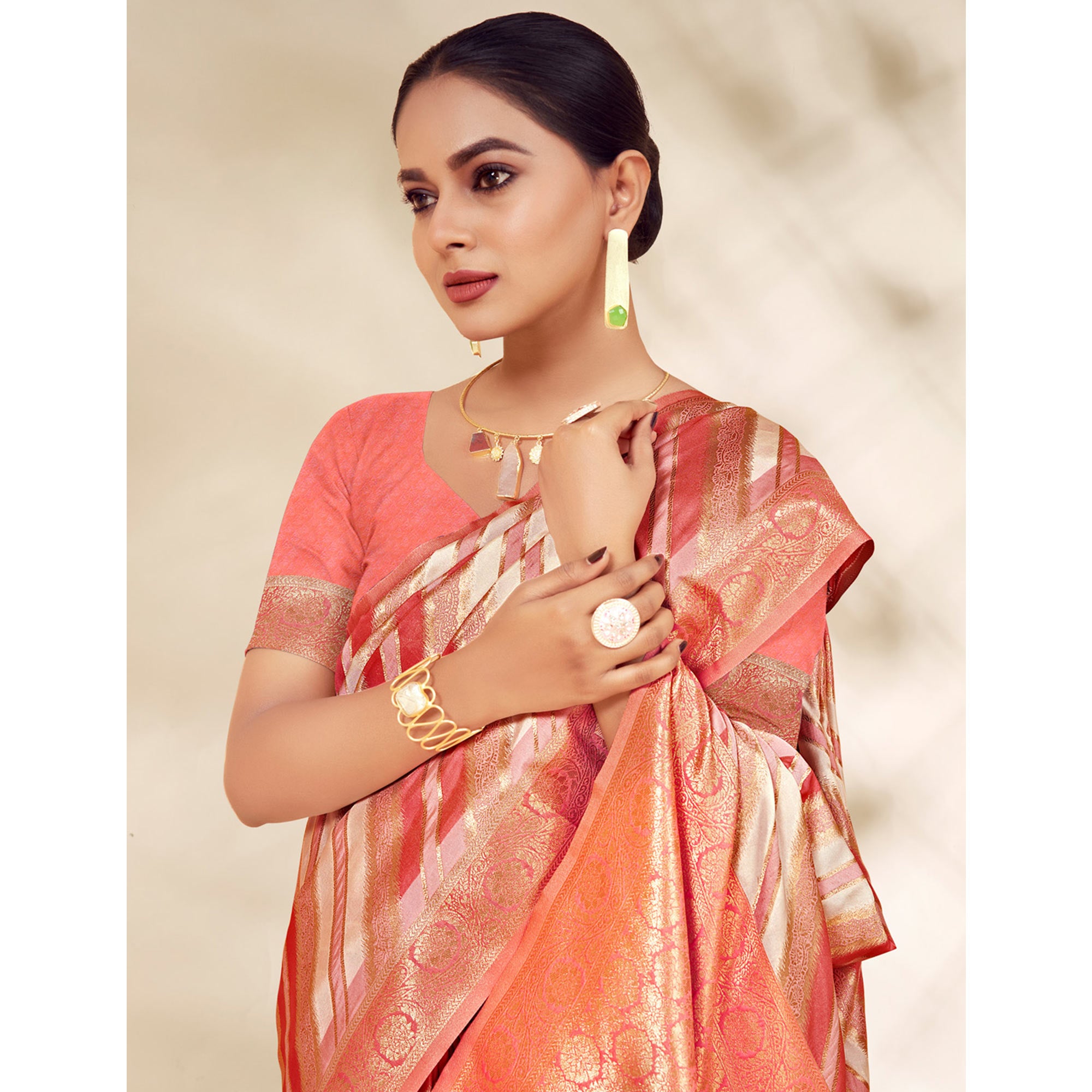 Peach Woven Cotton Silk Saree With Tassels