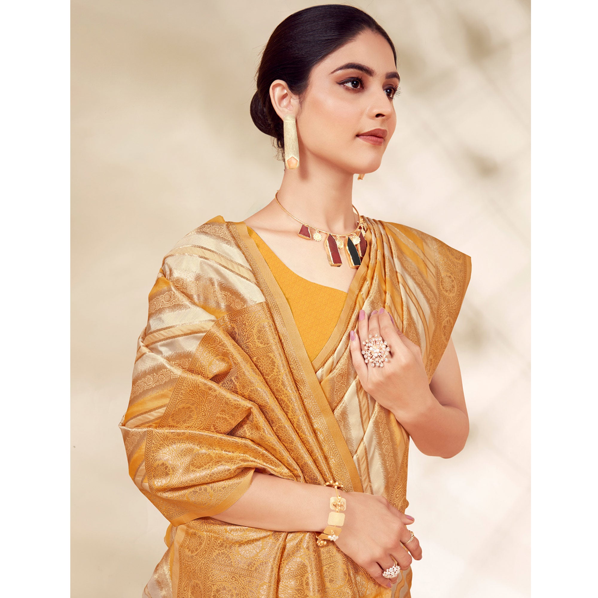 Mustard Woven Cotton Silk Saree With Tassels