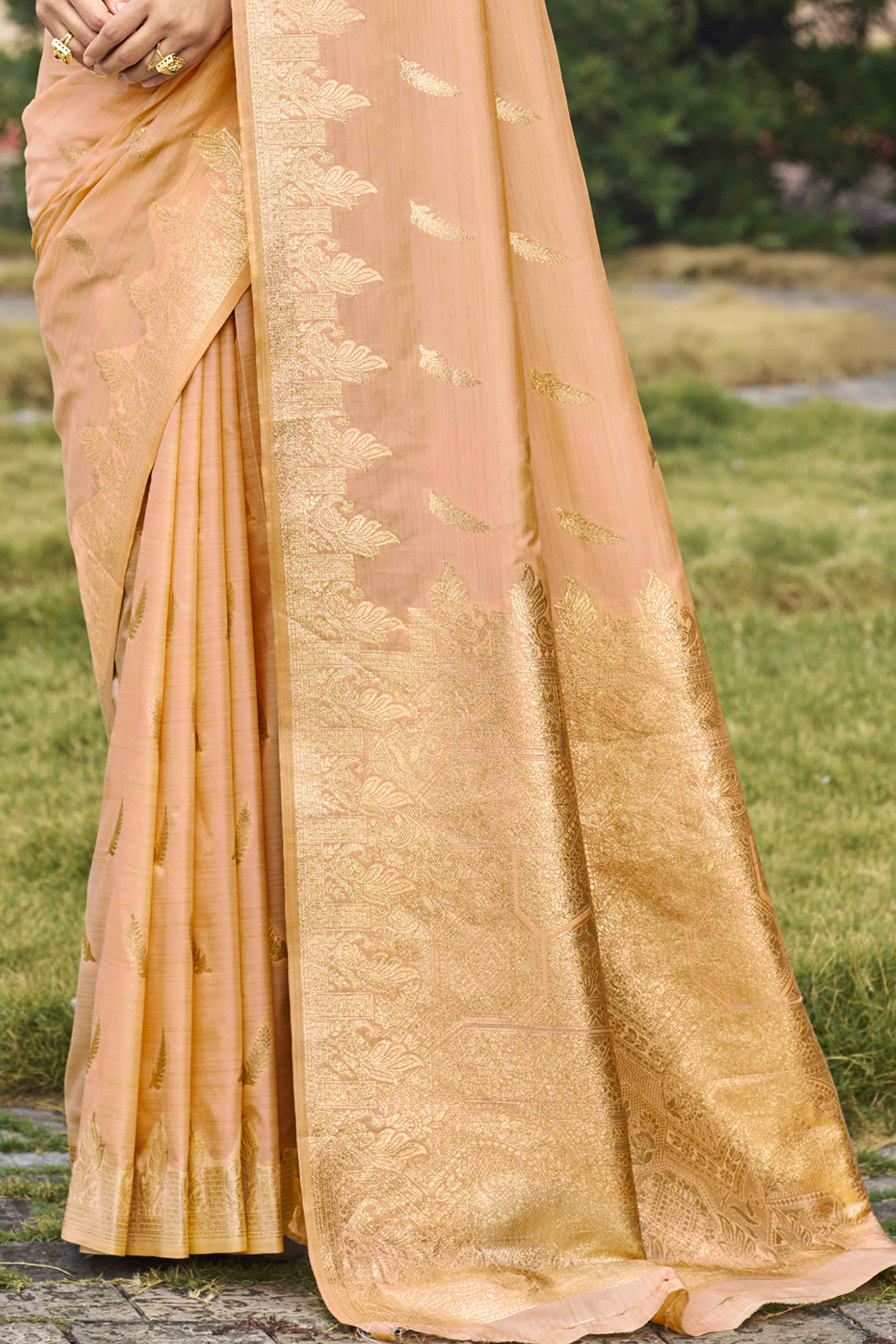 Peach Banarasi Silk Saree With Delicate Floral Zari Weaving