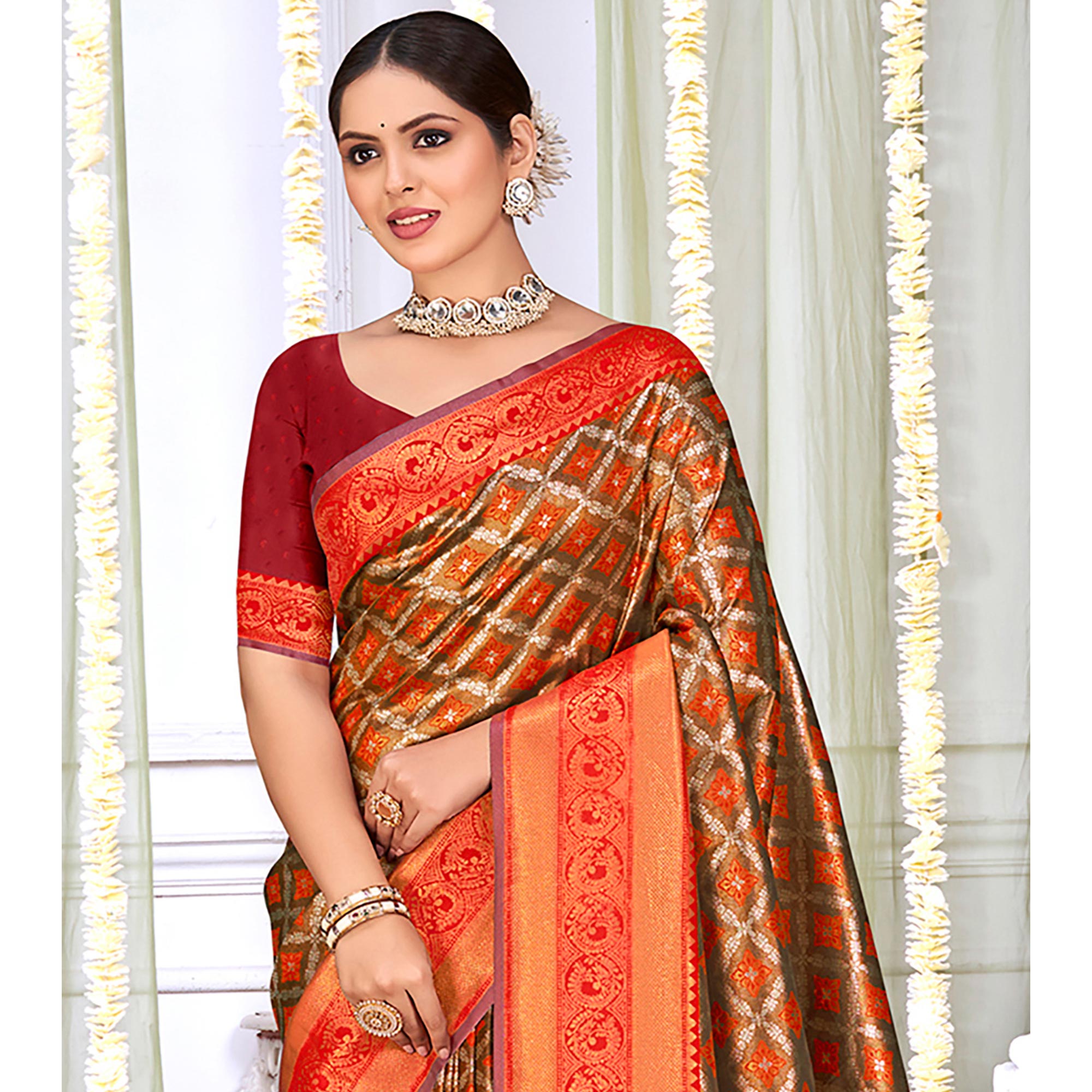 Red Woven Cotton Silk Saree With Tassels
