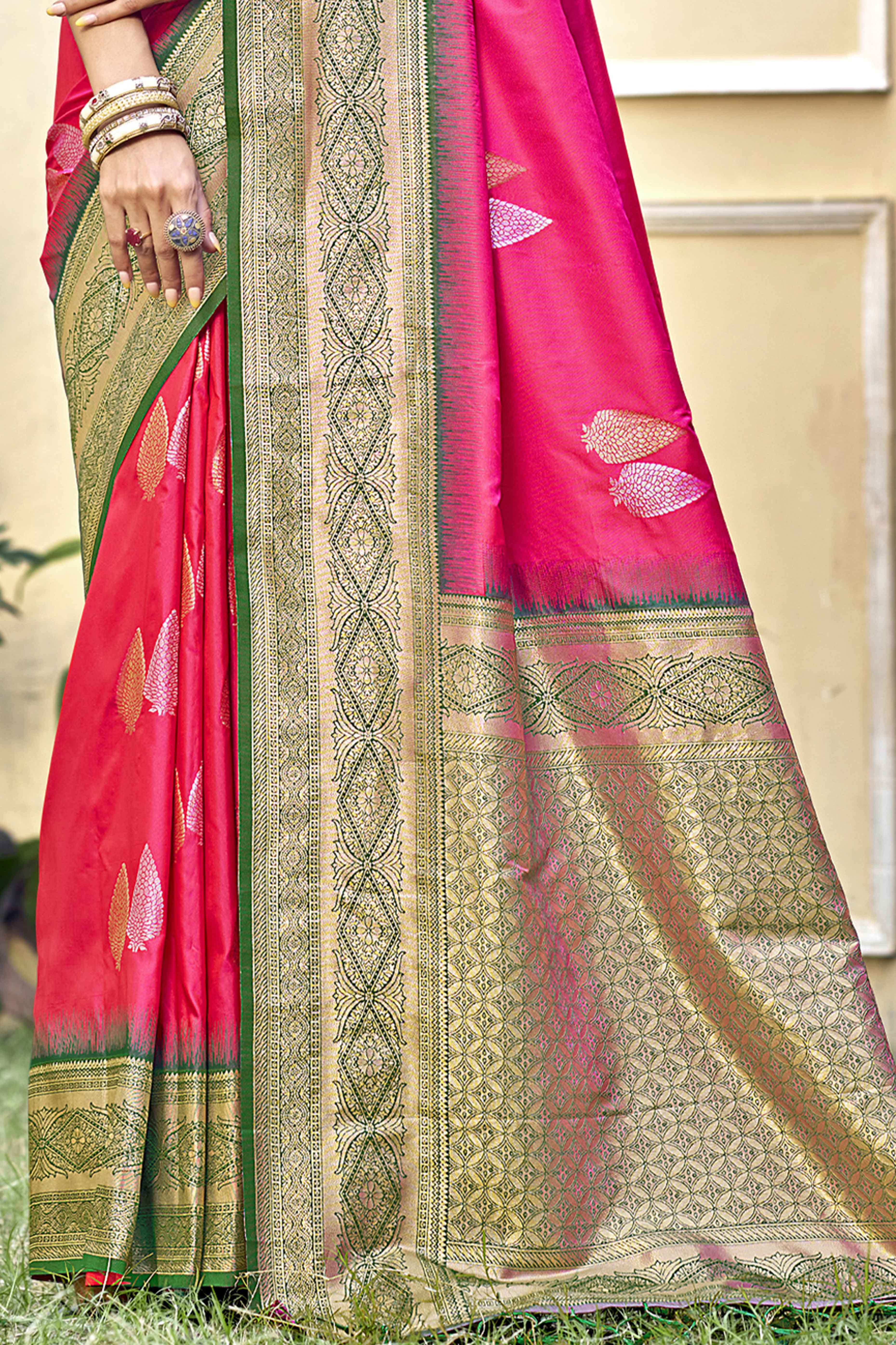 Rani Pink Woven Banarasi Silk Saree With Tassels