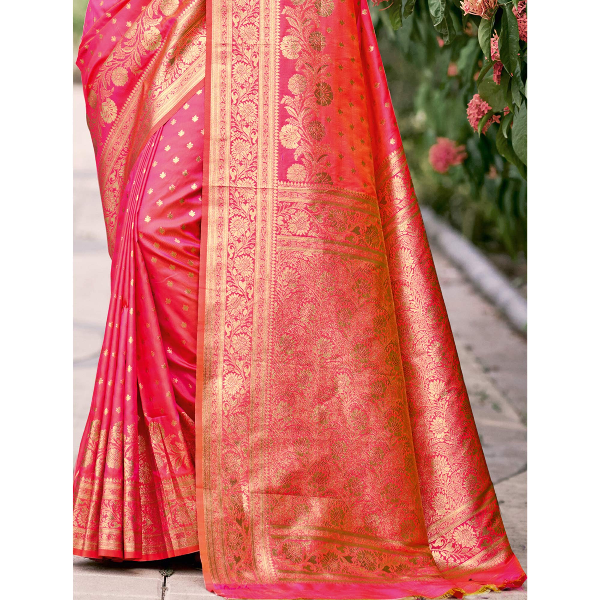 Pink Floral Woven Banarasi Silk Saree With Tassels