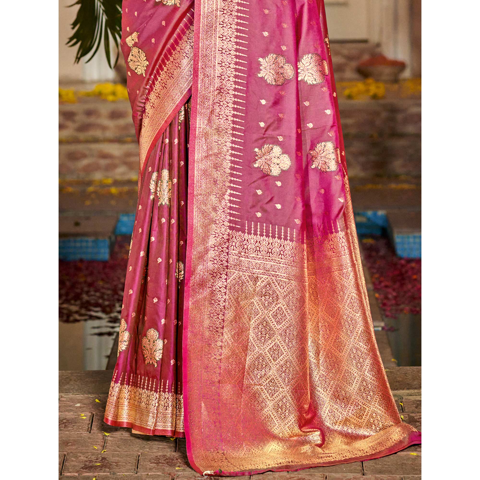 Pink Floral Woven Banarasi Silk Saree With Tassels