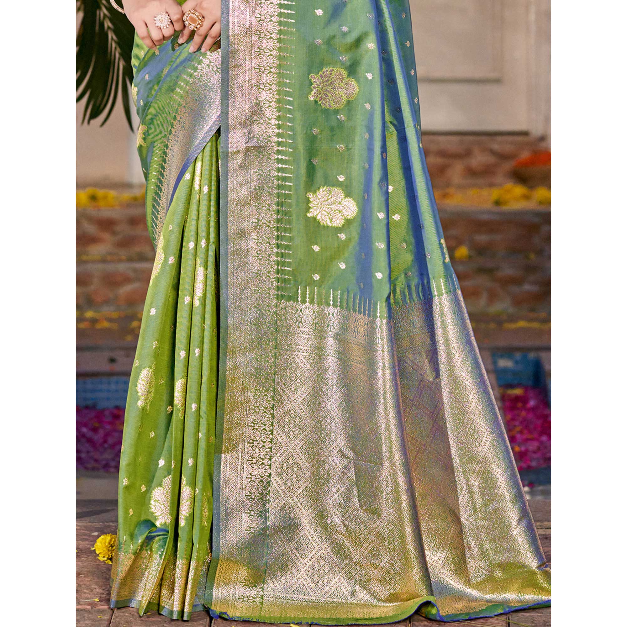 Green Floral Woven Banarasi Silk Saree With Tassels