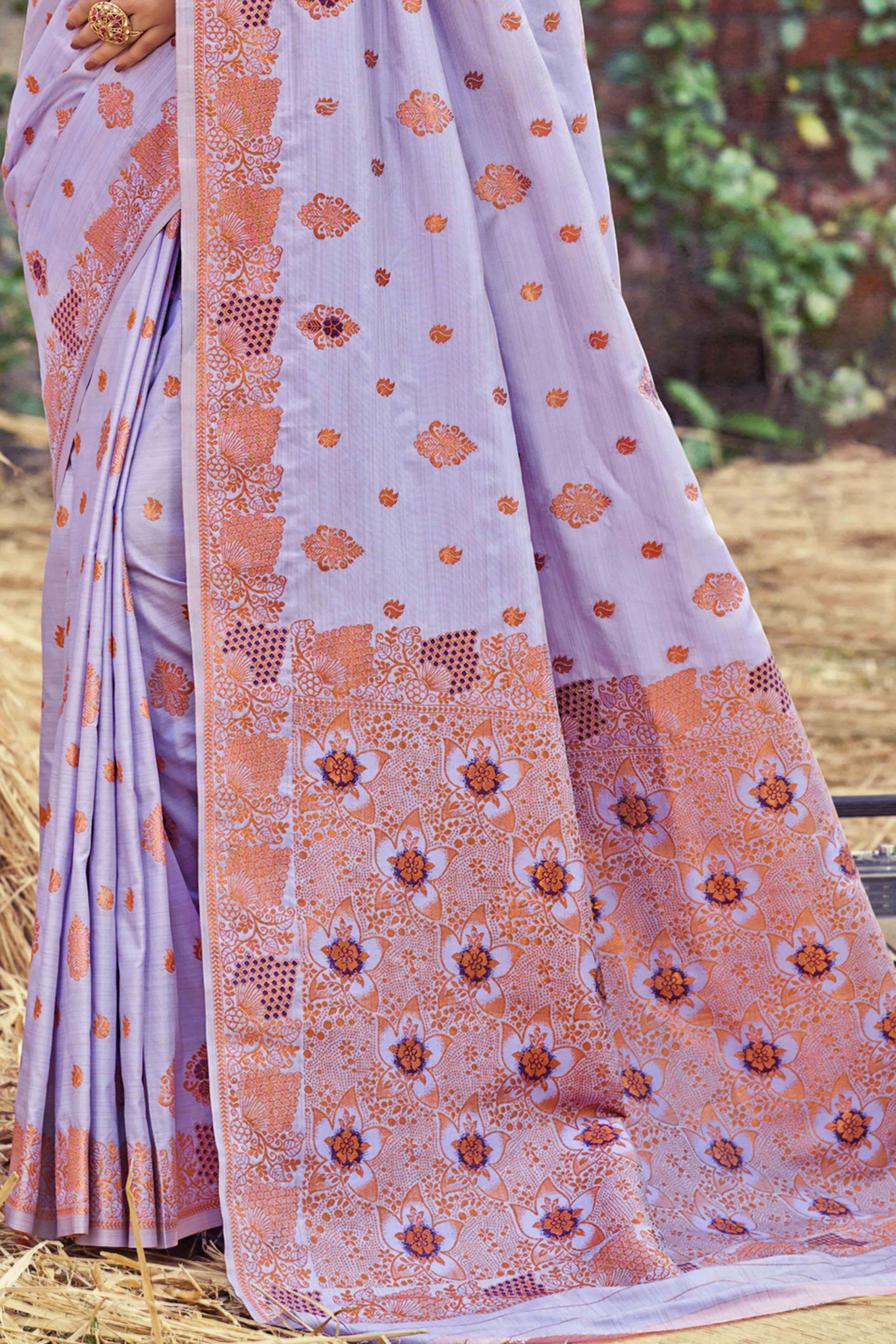 Lavender Banarasi Silk Saree Adorned With Woven Zari Floral Motifs