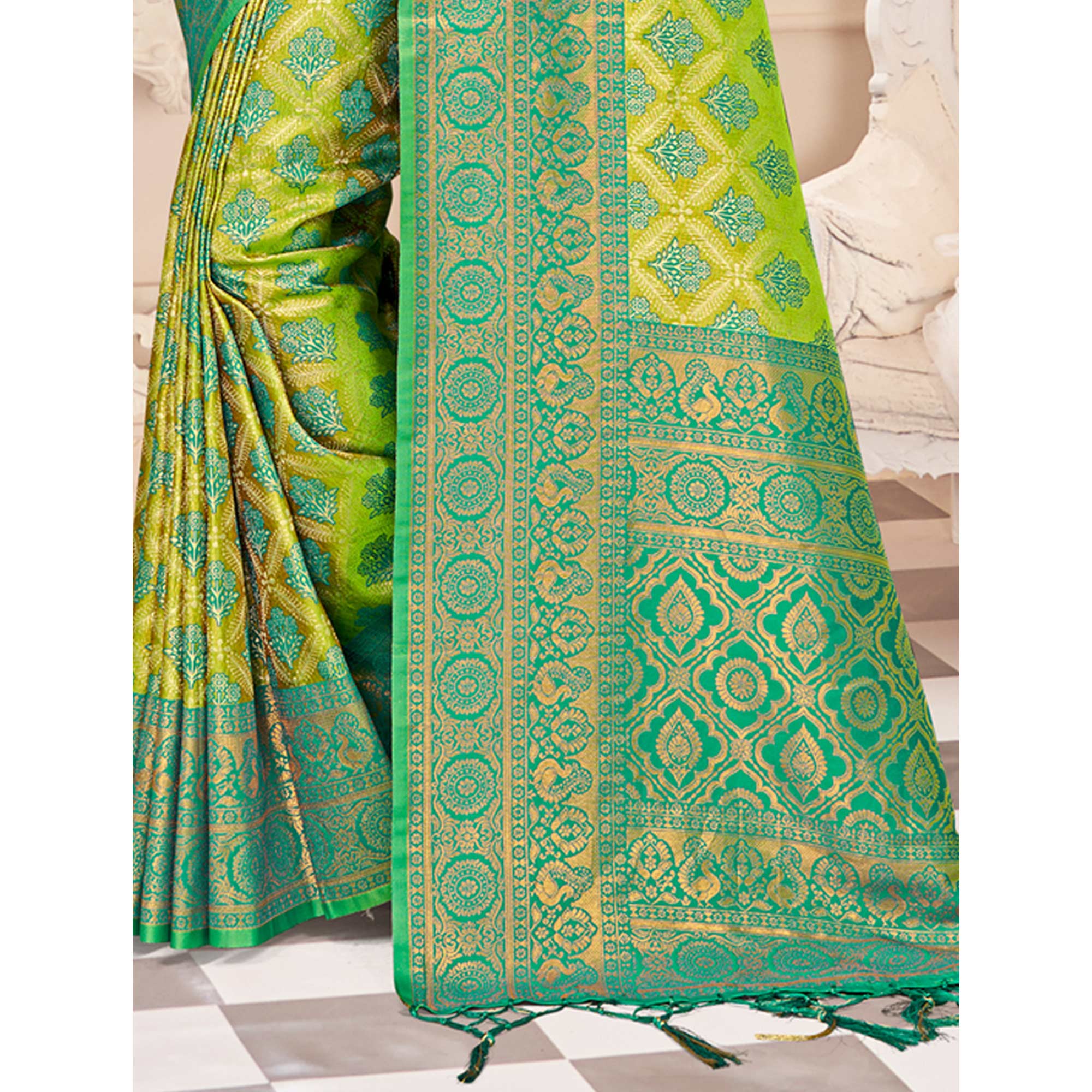 Green Floral Woven Kanjivaram Silk Saree With Tassels