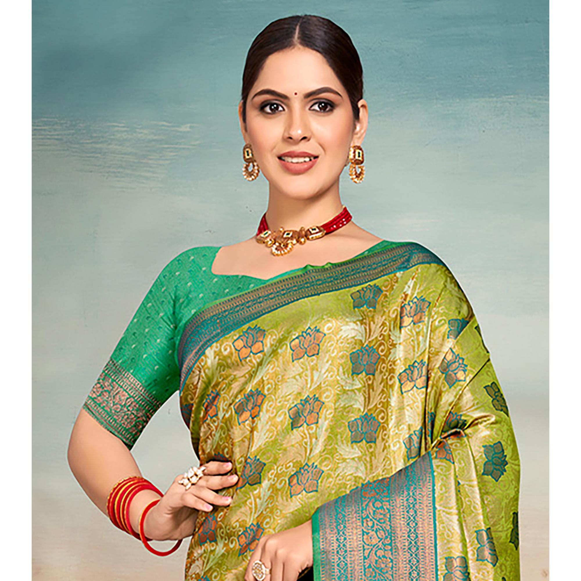 Green Floral Woven Kanjivaram Silk Saree With Tassels