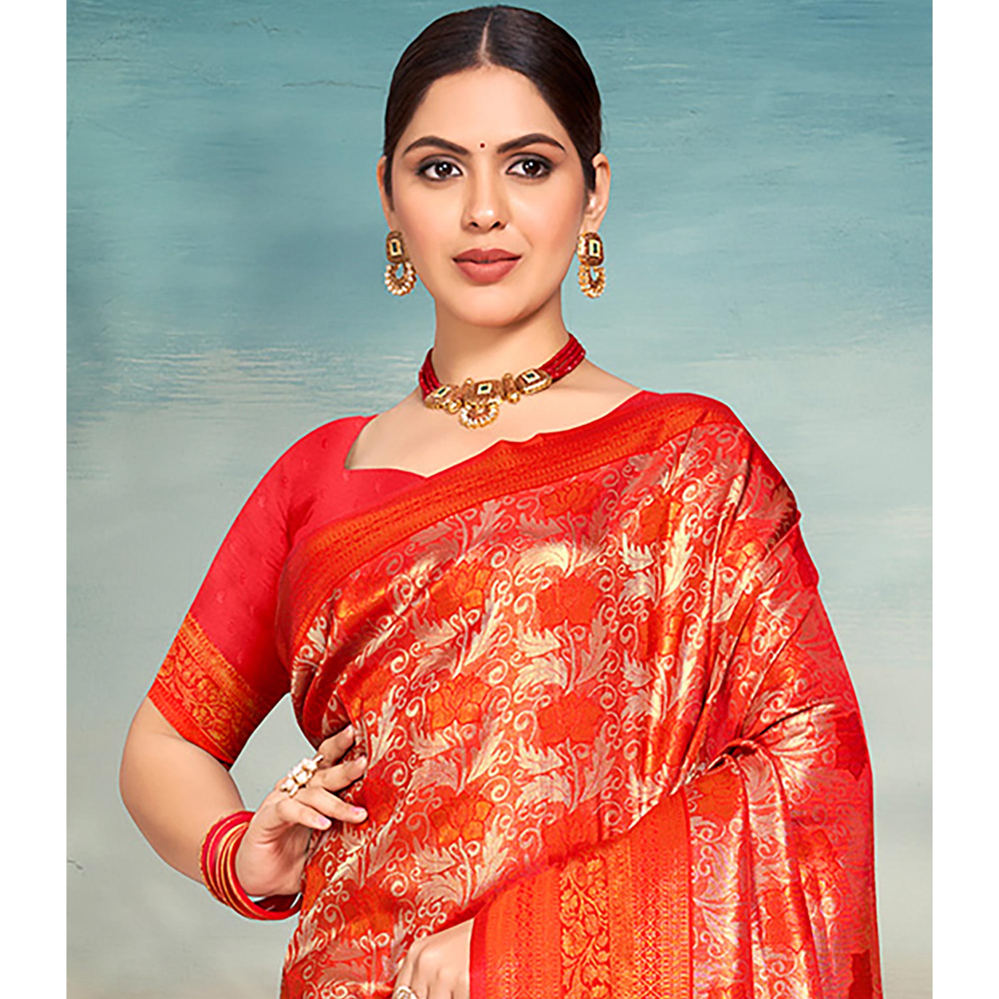 Red Floral Woven Kanjivaram Silk Saree With Tassels