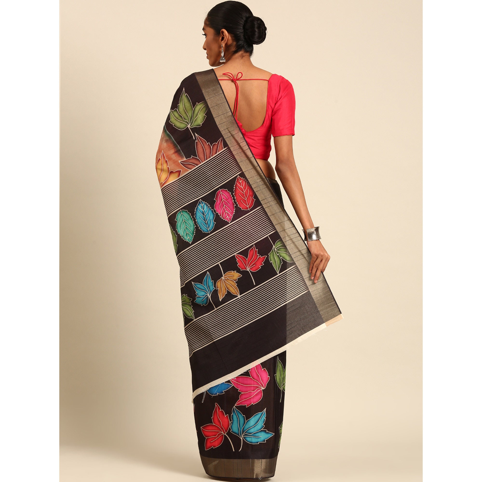 Black Digital Printed Cotton Blend Saree With Woven Border