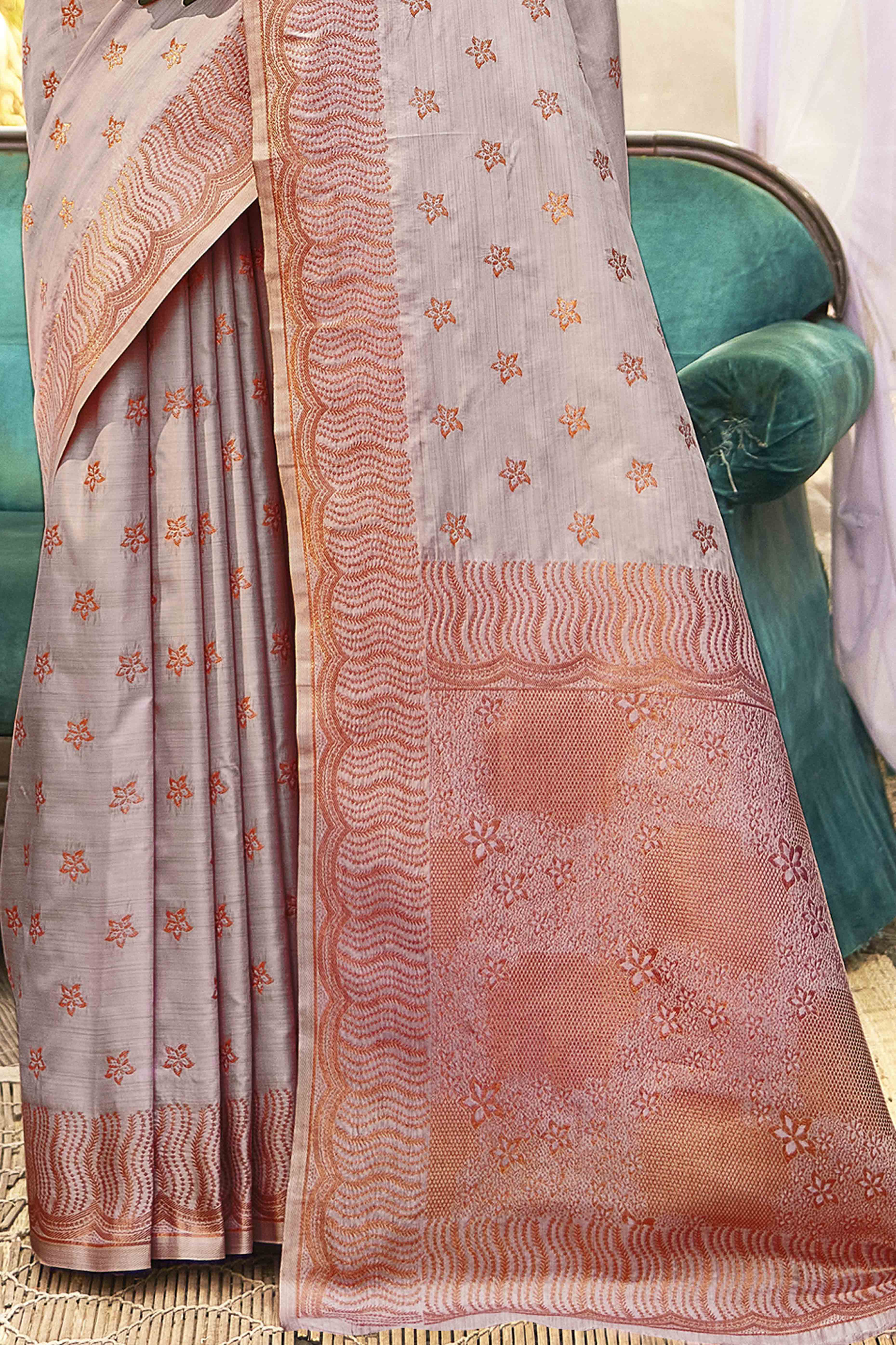 Dusty Grey Banarasi Silk Saree With Intricate Zari Woven Work