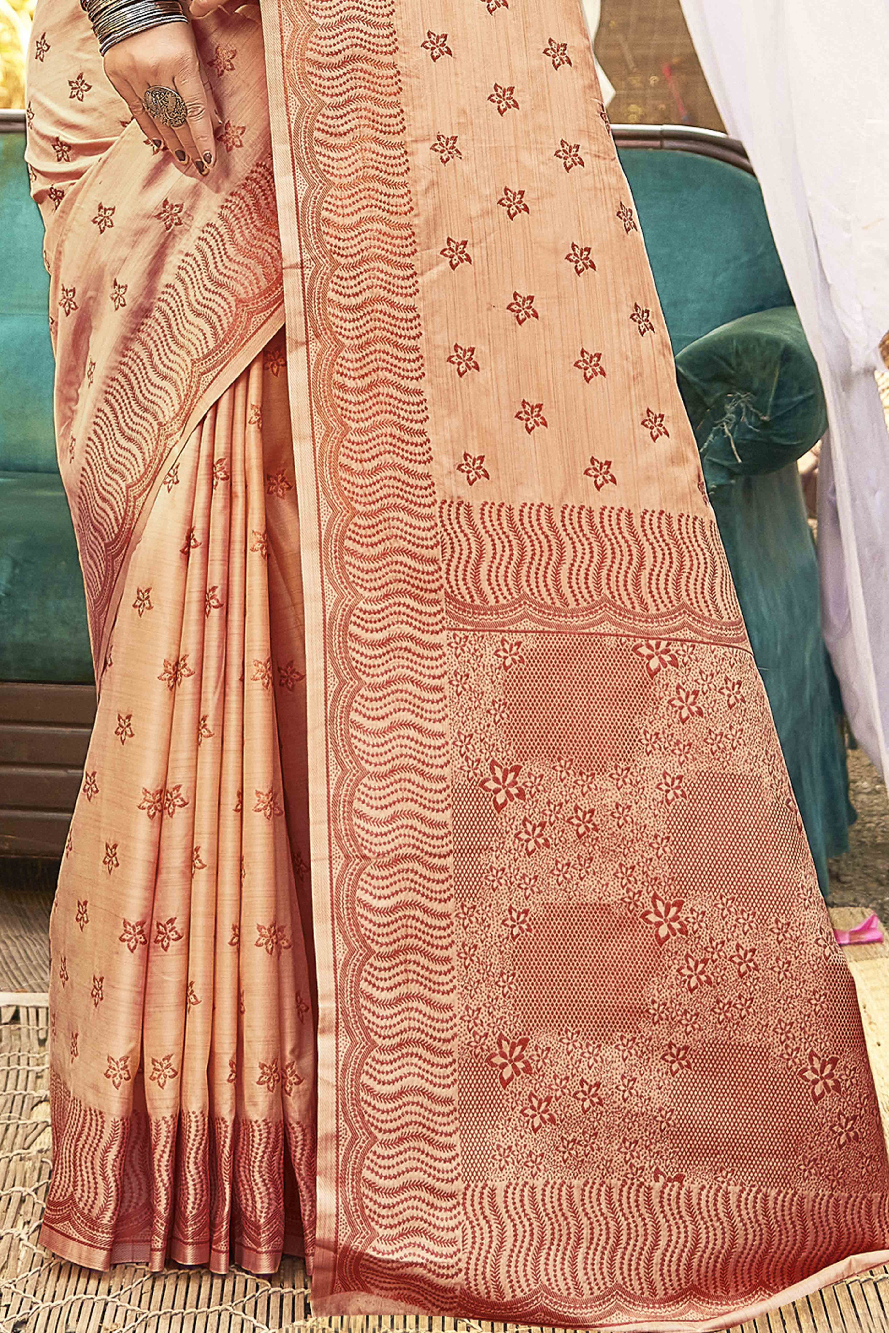 Peach Banarasi Silk Saree With Intricate Zari Woven Work