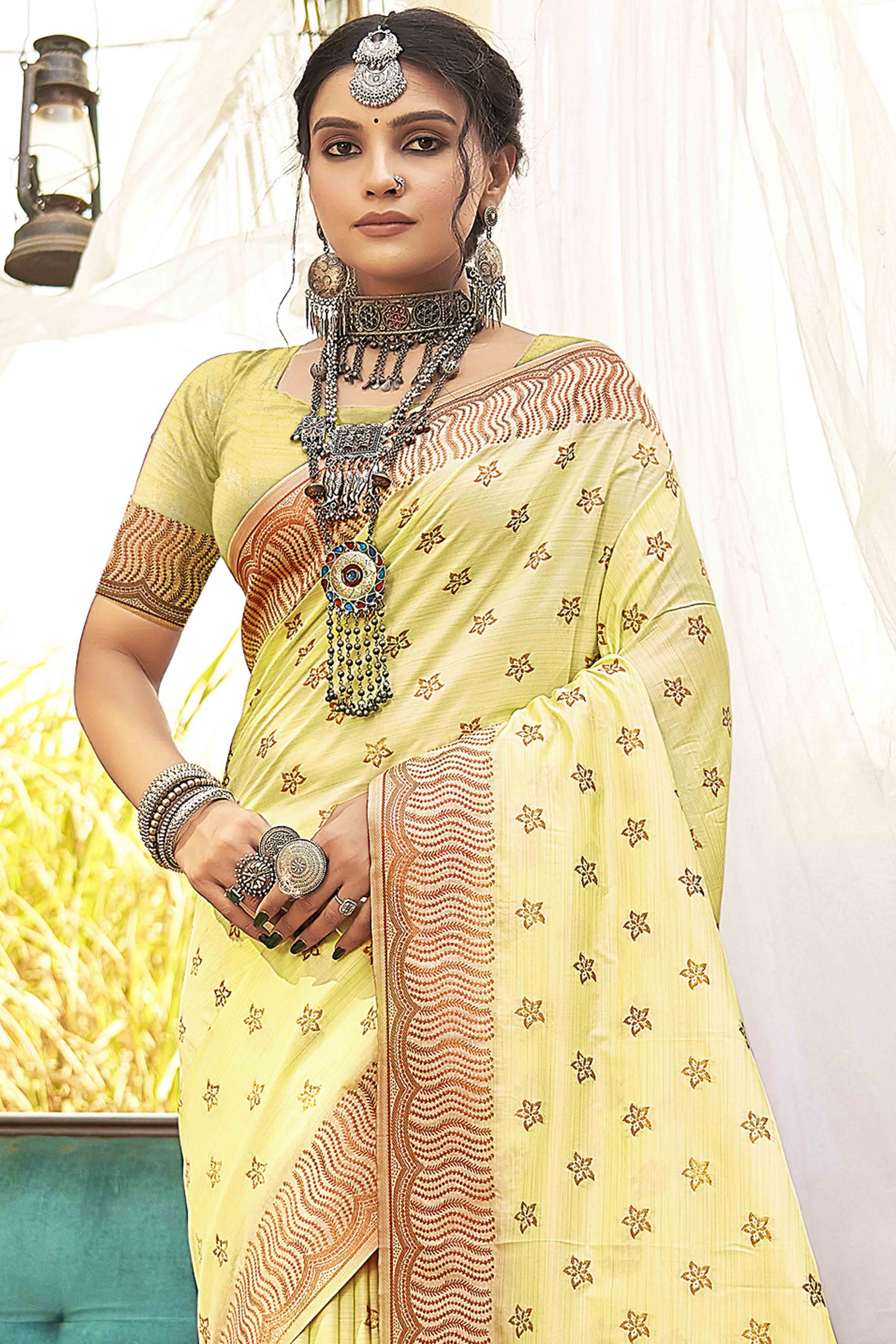 Yellow Banarasi Silk Saree With Intricate Zari Woven Work