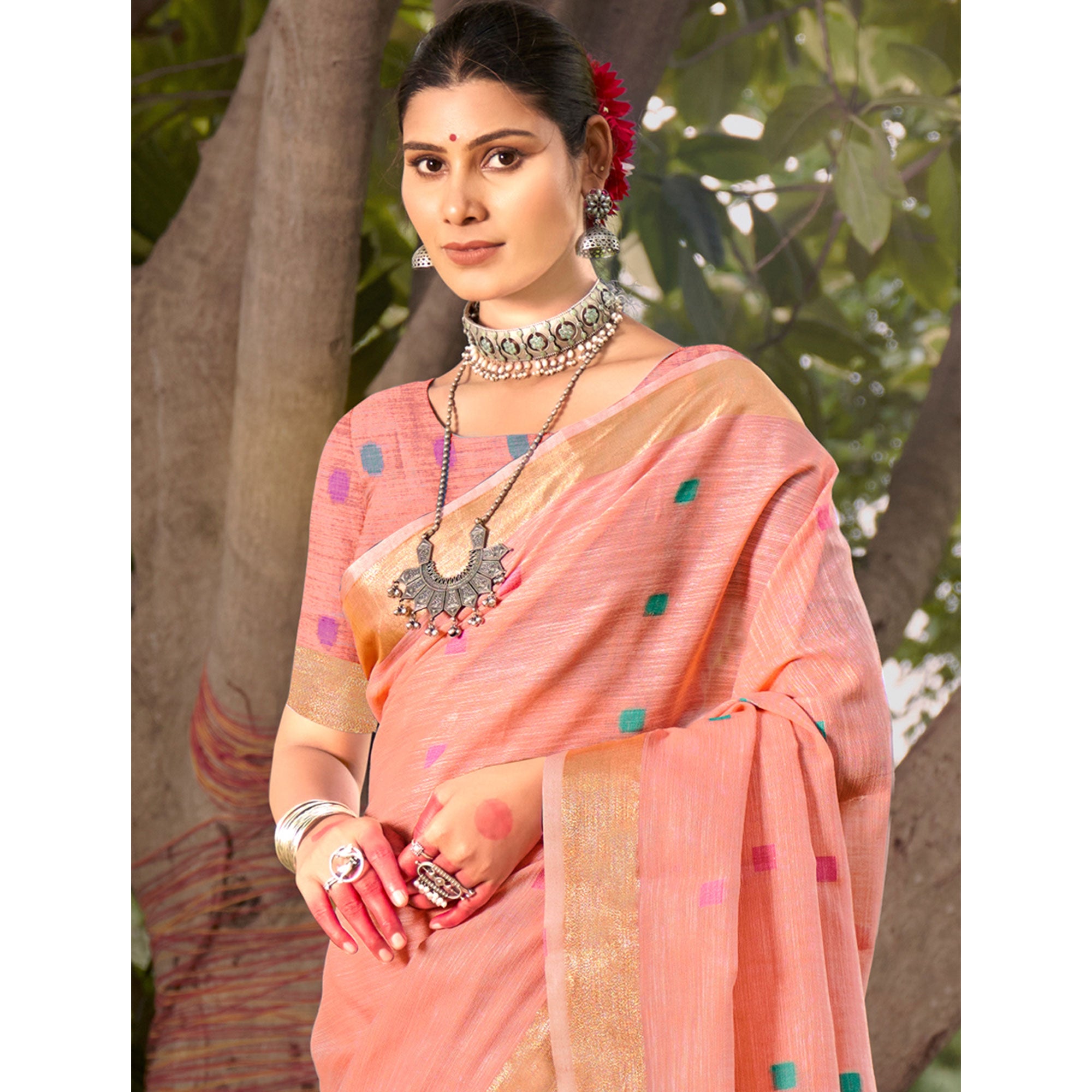 Peach Woven Cotton Blend Saree With Tassels