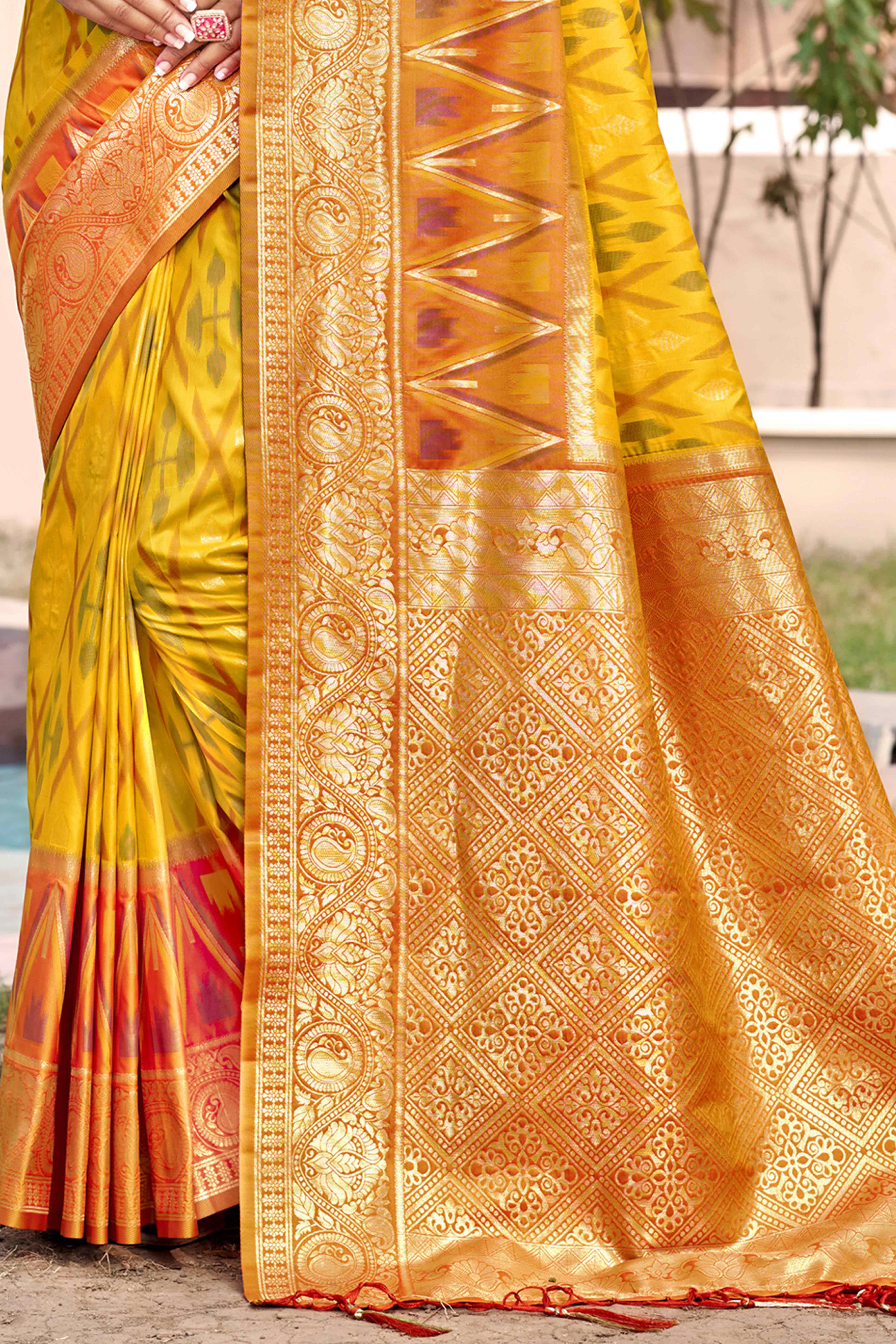 Yellow & Orange Woven Cotton Silk Saree With Tassels