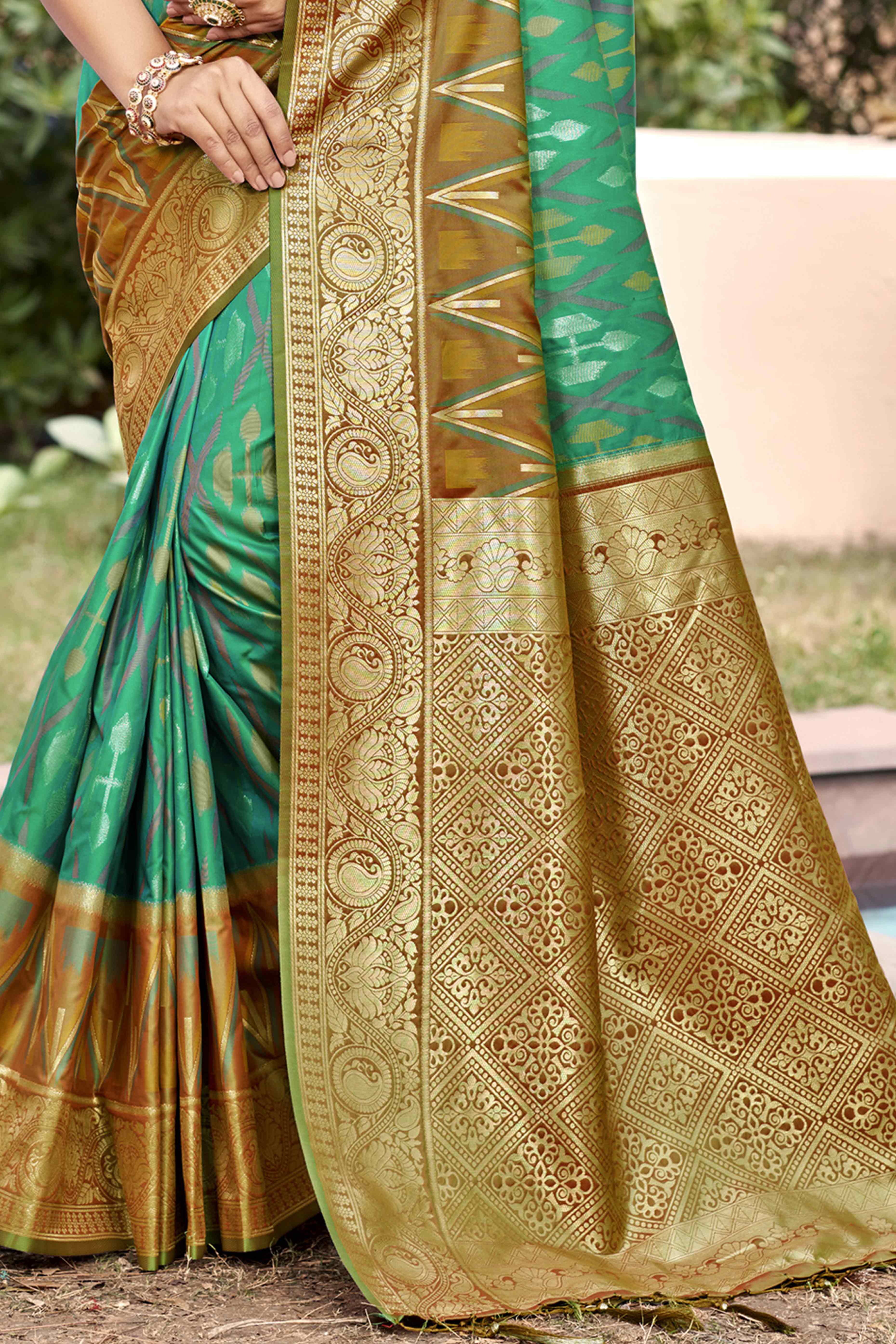 Rama Green & Olive Woven Cotton Silk Saree With Tassels