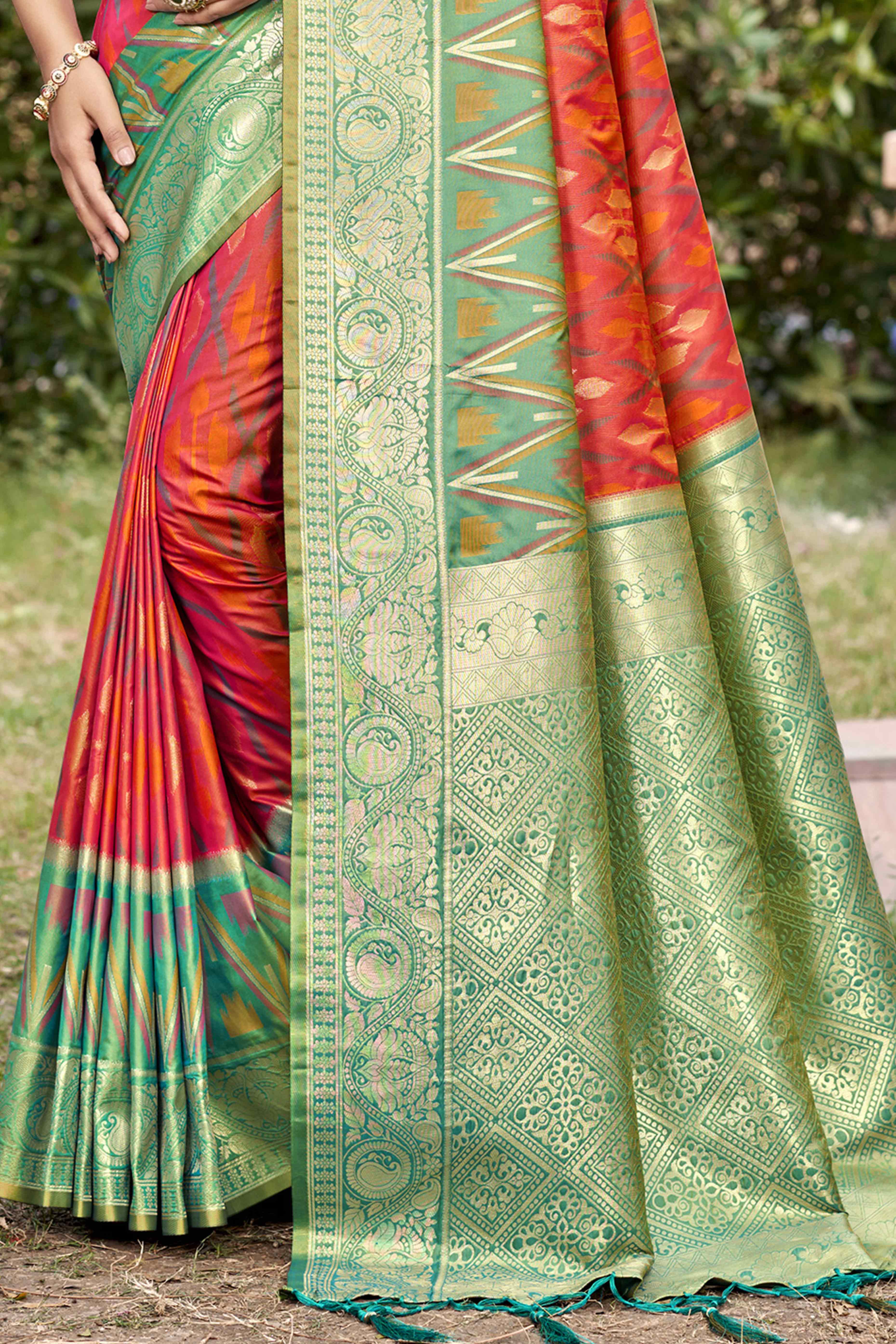 Salmon Pink & Rama Woven Cotton Silk Saree With Tassels