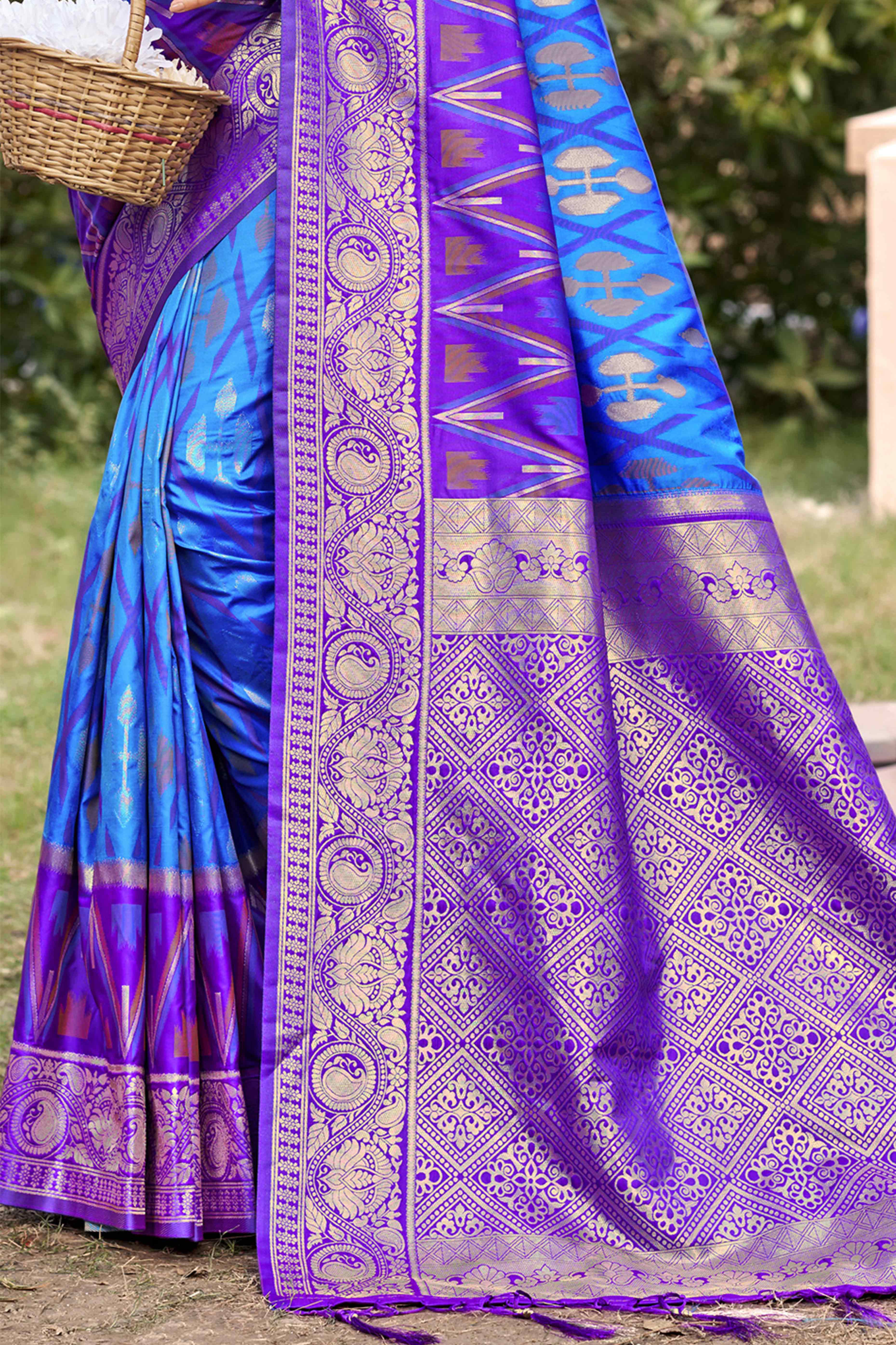 Blue & Purple Woven Cotton Silk Saree With Tassels