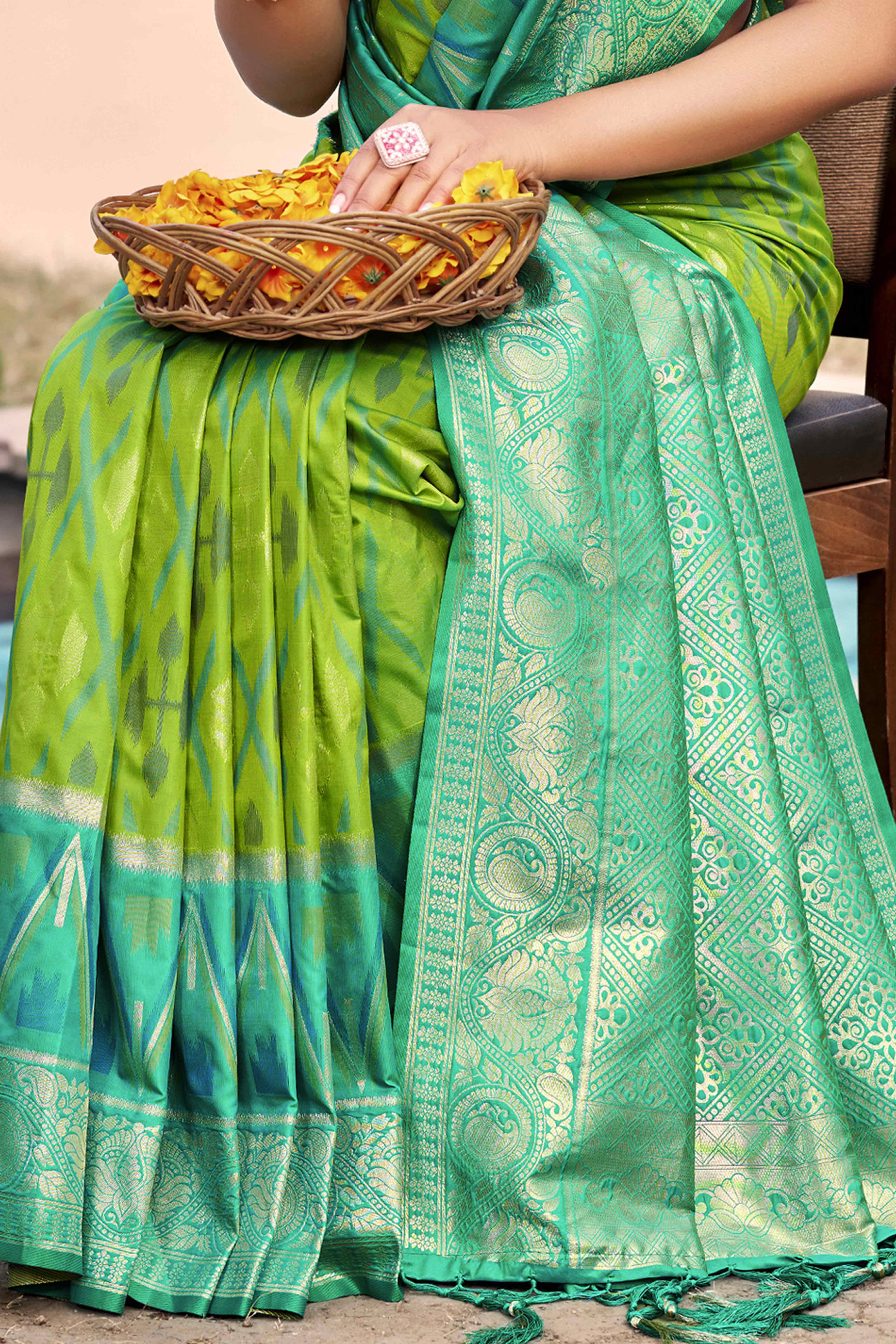 Green & Rama Woven Cotton Silk Saree With Tassels