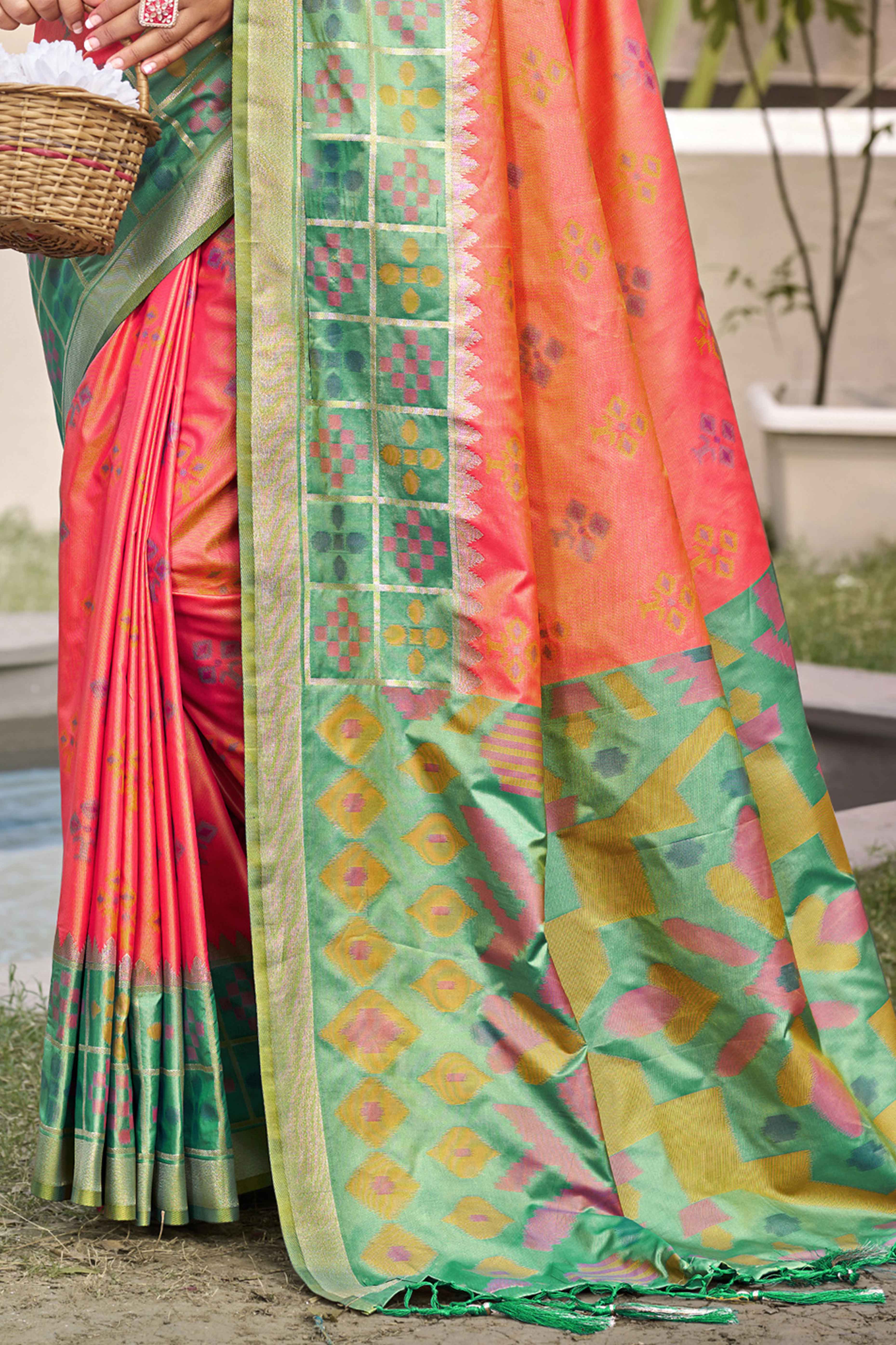 Salmon Pink Woven Cotton Silk Saree With Tassels