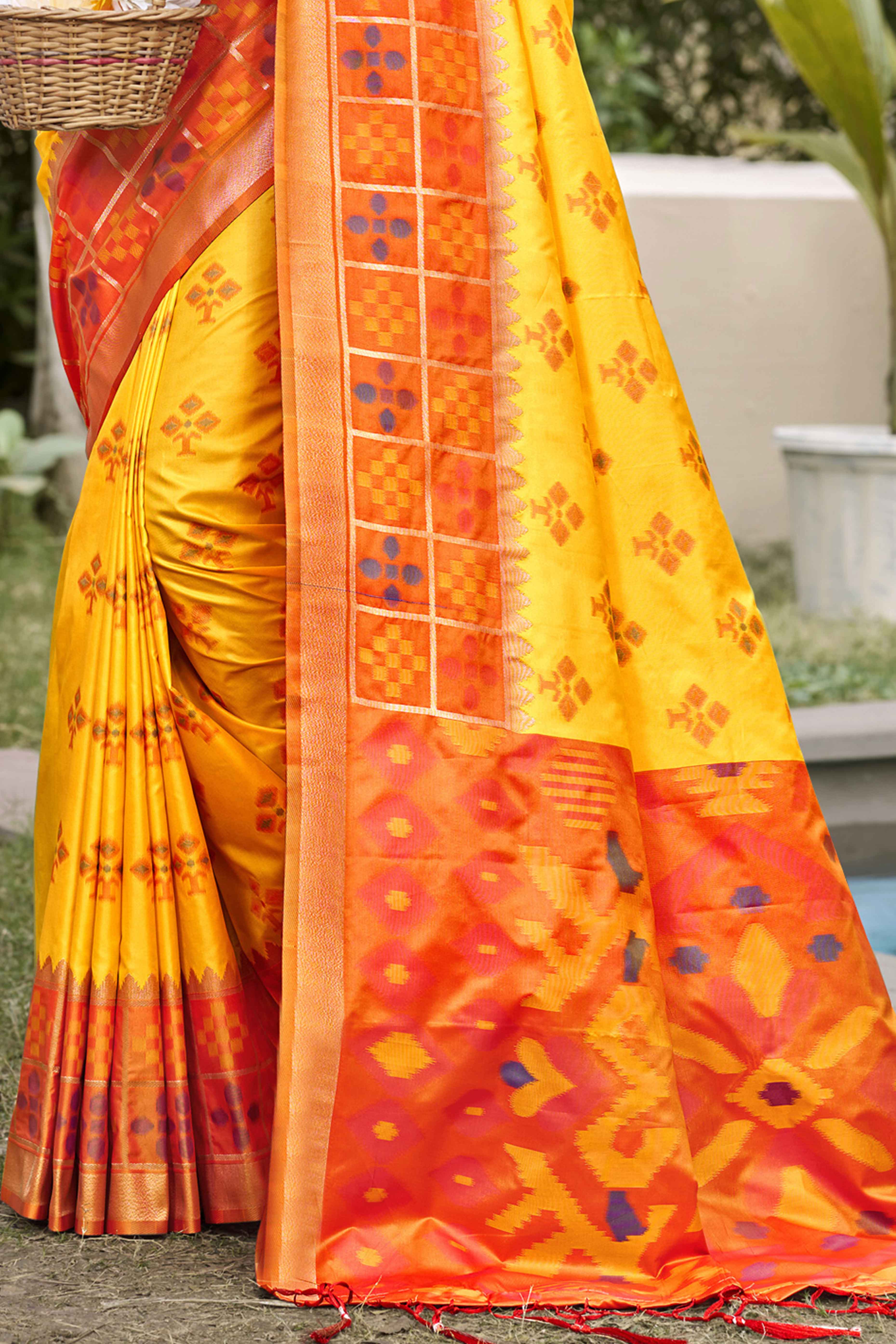 Yellow Woven Cotton Silk Saree With Tassels