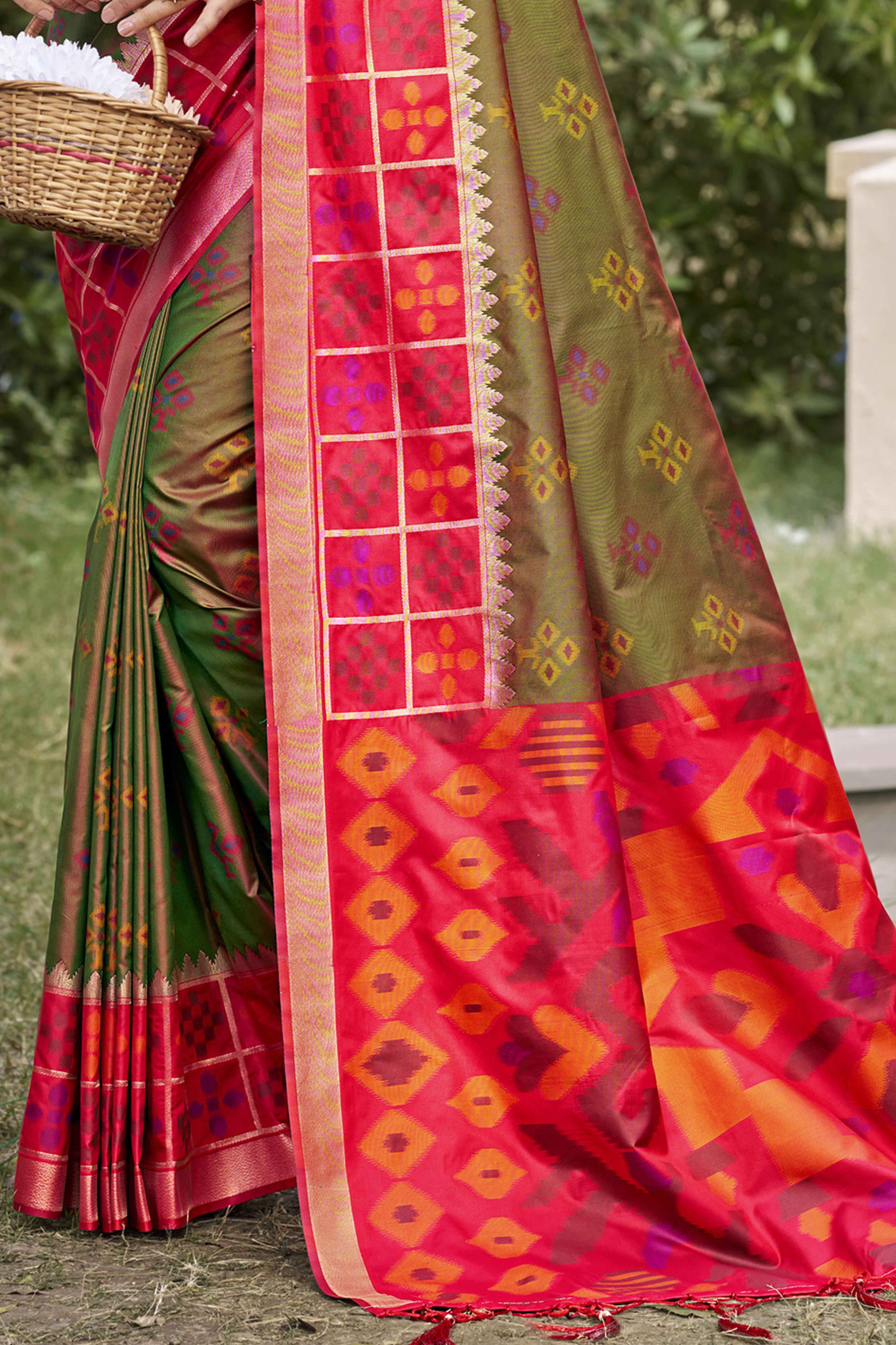 Green Woven Cotton Silk Saree With Tassels