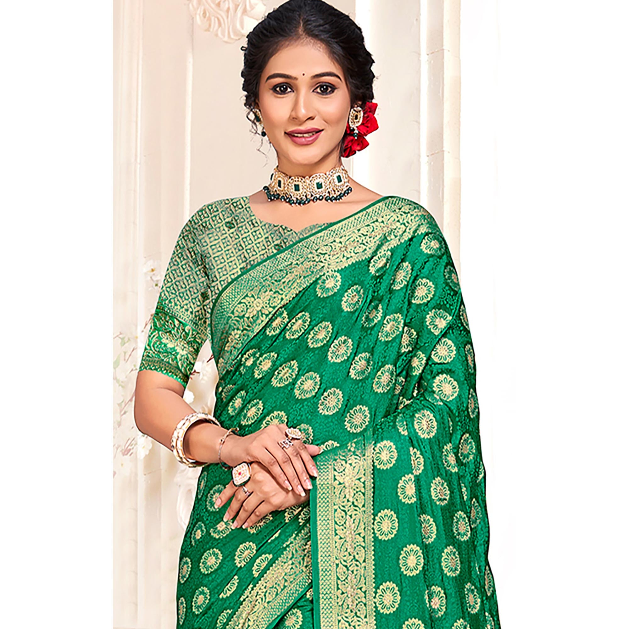 Green Floral Woven Cotton Silk Saree With Tassels