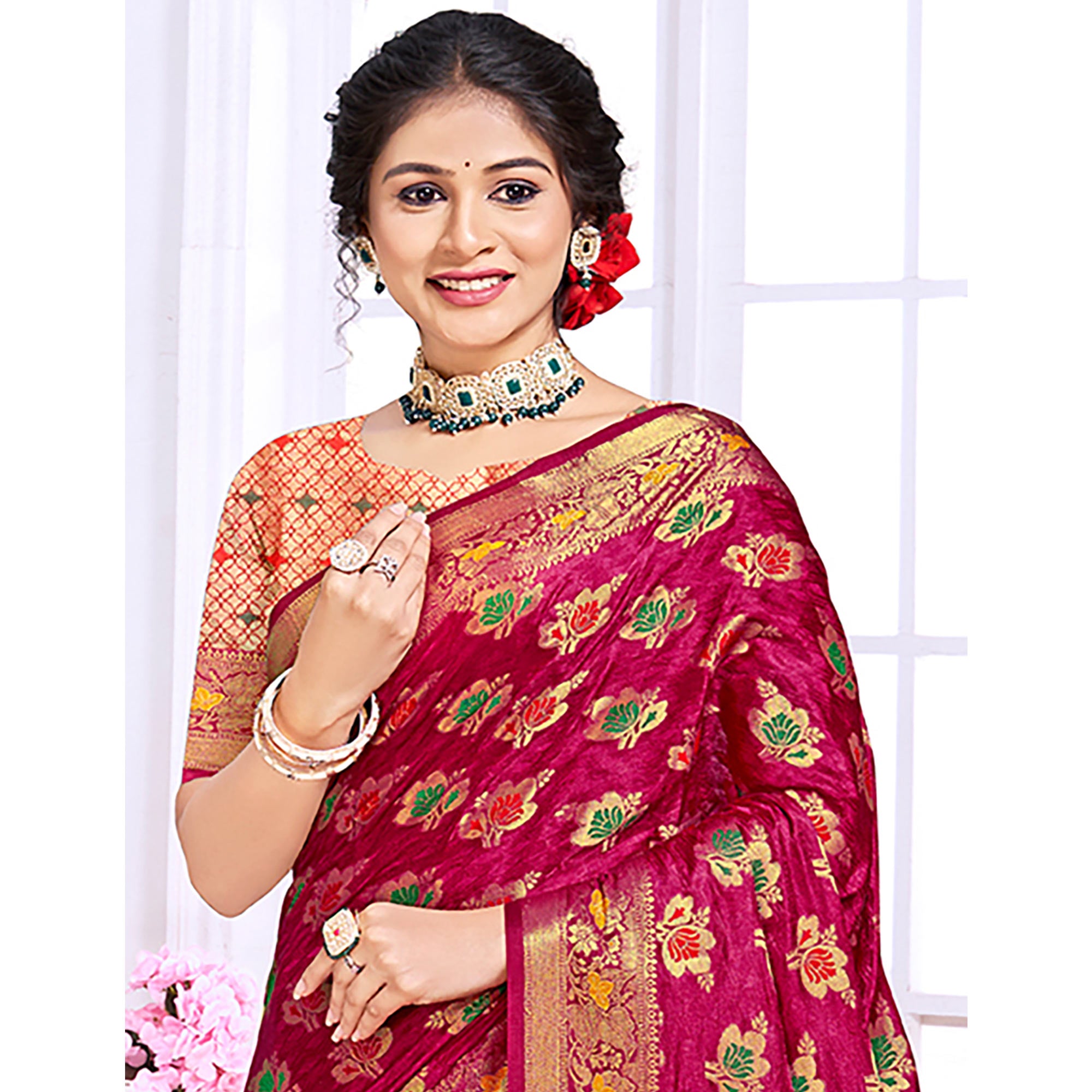 Pink Floral Woven Cotton Silk Saree With Tassels