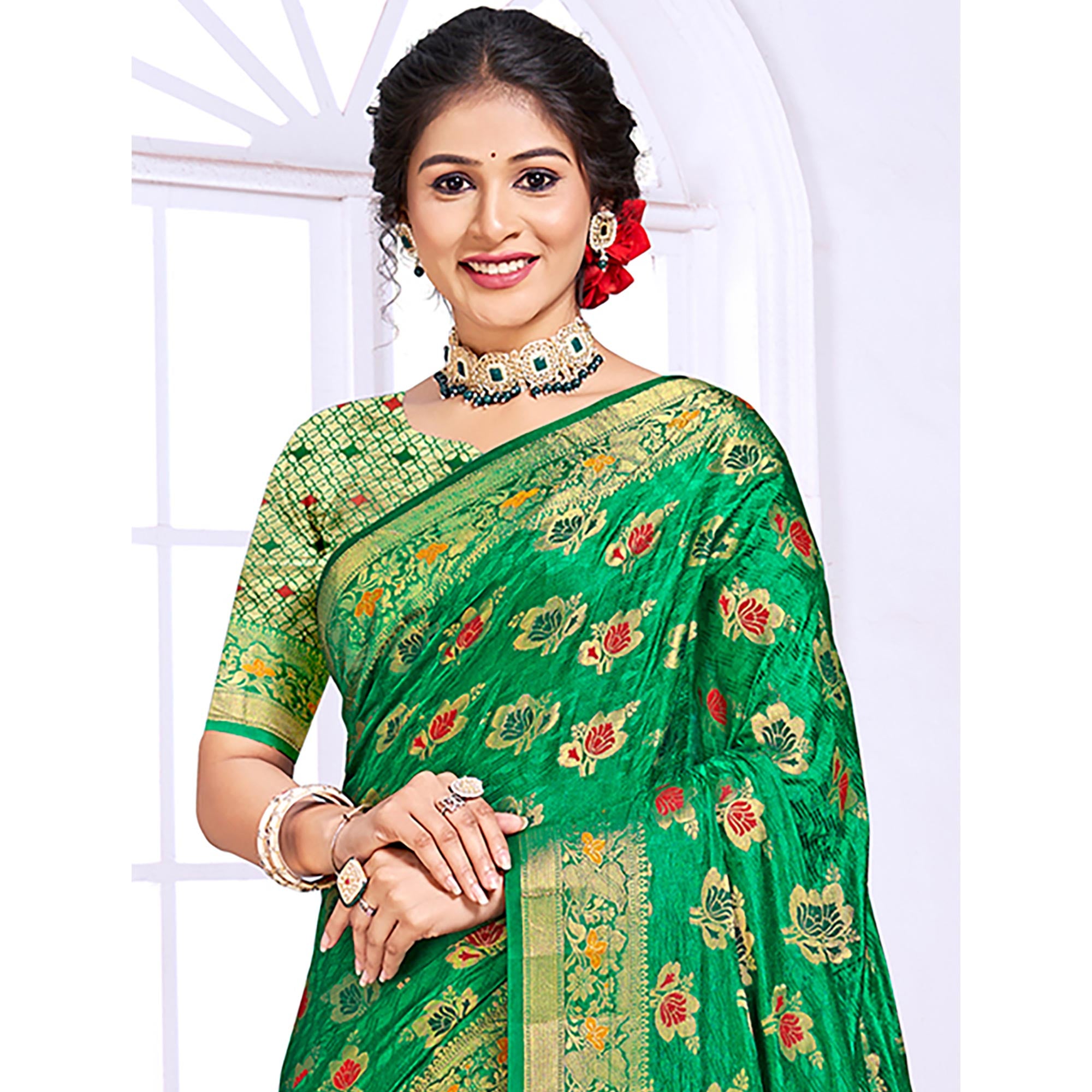 Green Floral Woven Cotton Silk Saree With Tassels