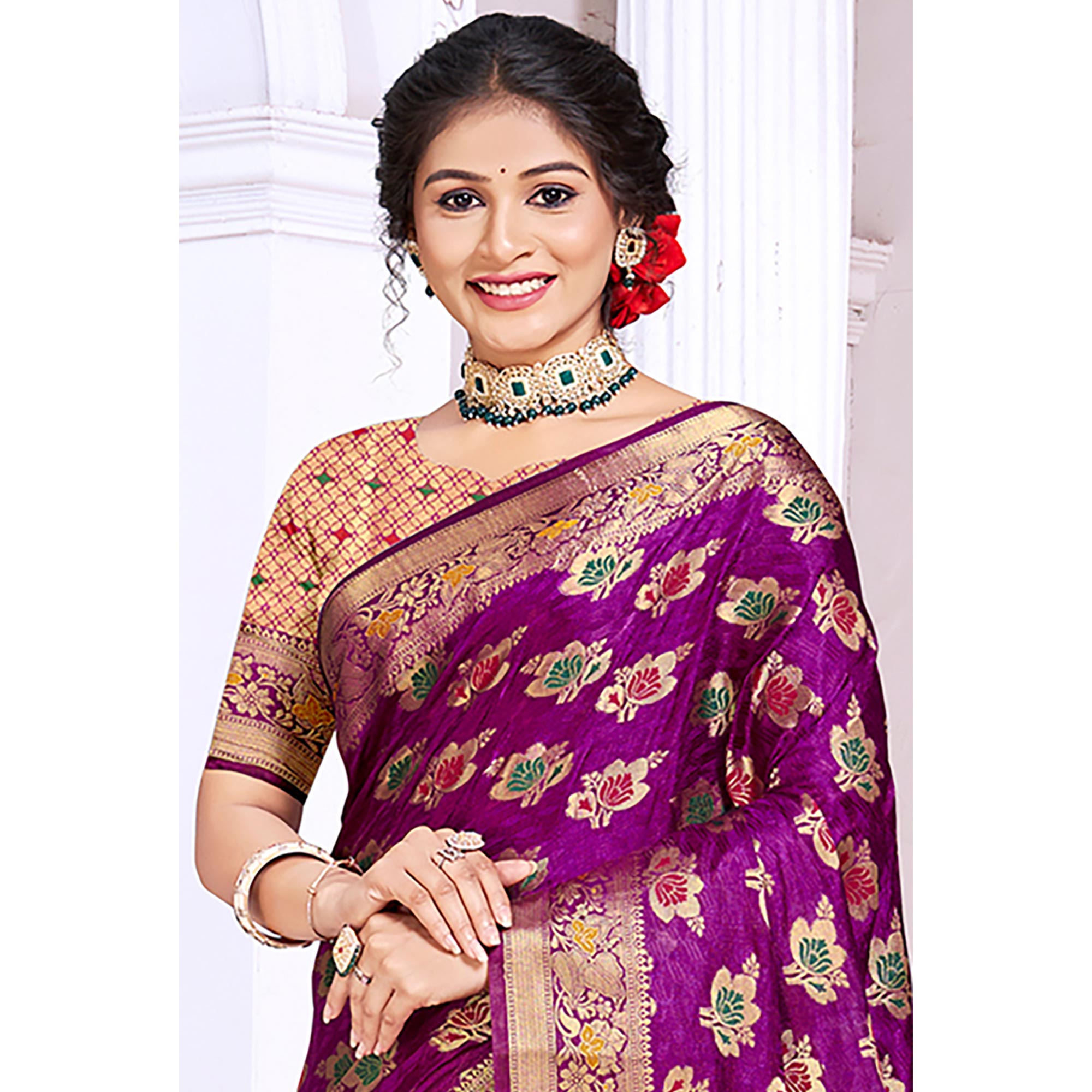 Purple Floral Woven Cotton Silk Saree With Tassels