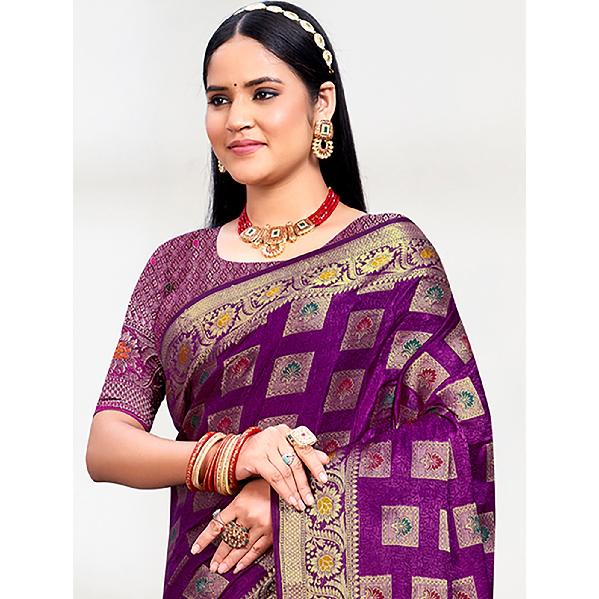 Purple Floral Woven Cotton Silk Saree With Tassels