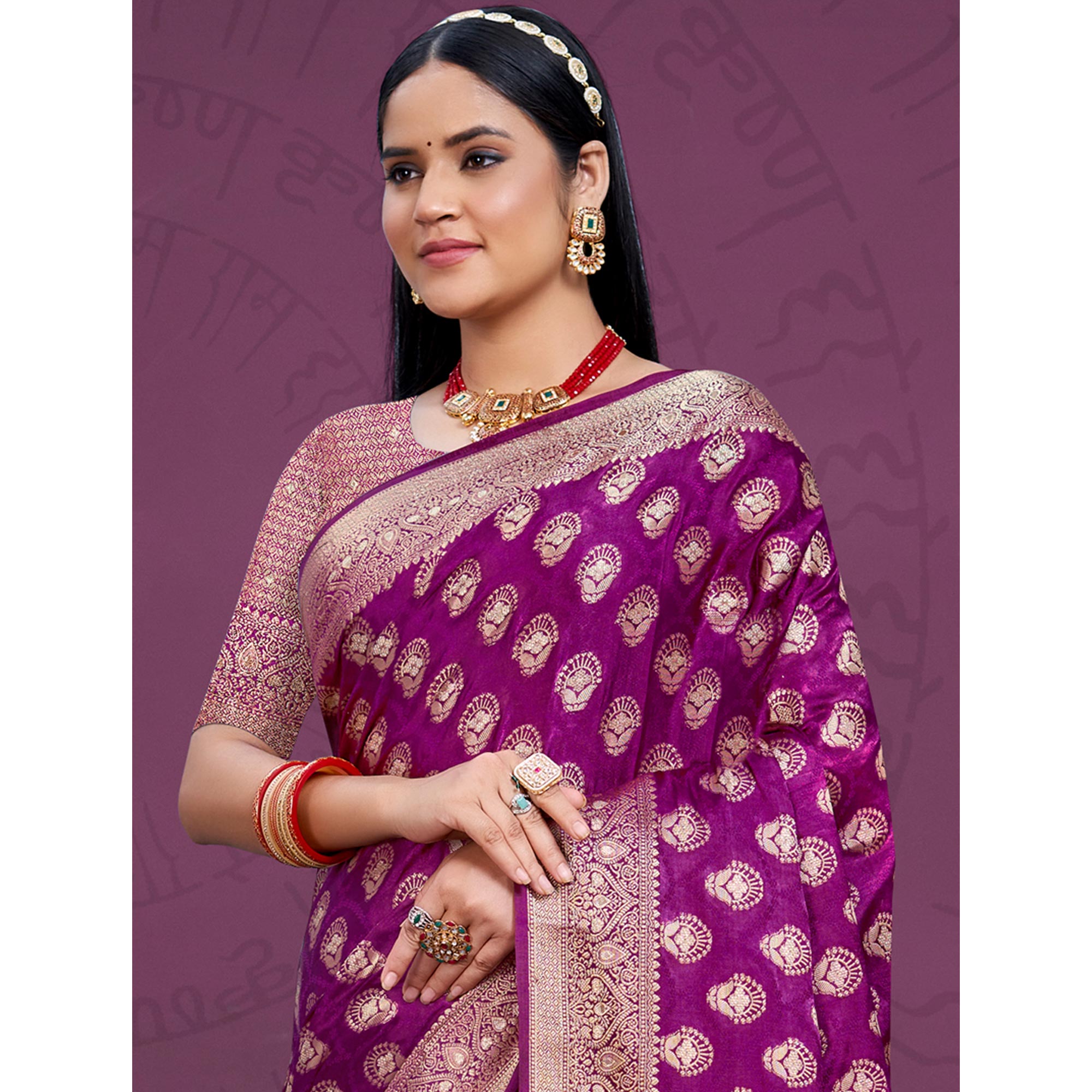 Purple Floral Woven Cotton Silk Saree With Tassels