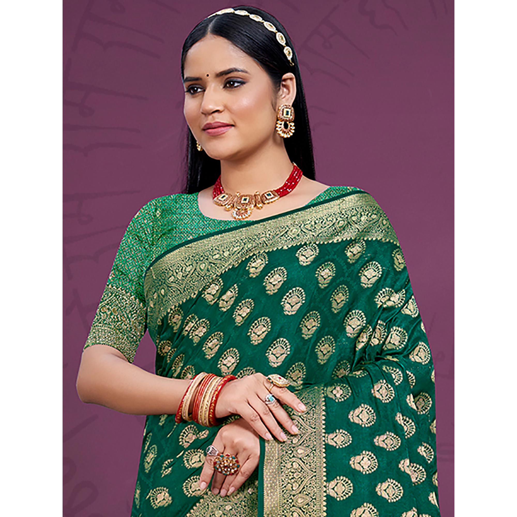 Green Floral Woven Cotton Silk Saree With Tassels
