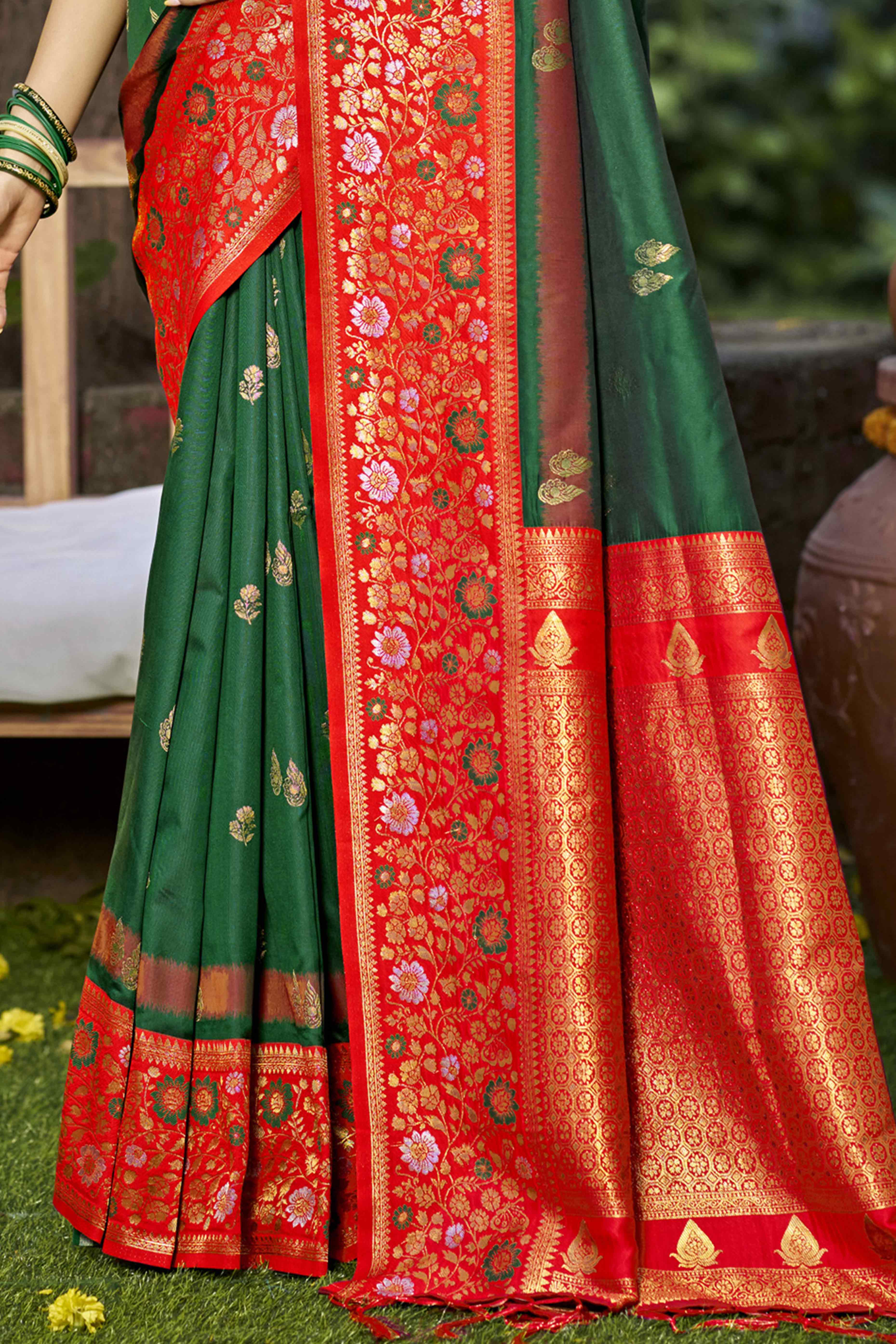 Green Floral Woven Banarasi Silk Saree With Tassels