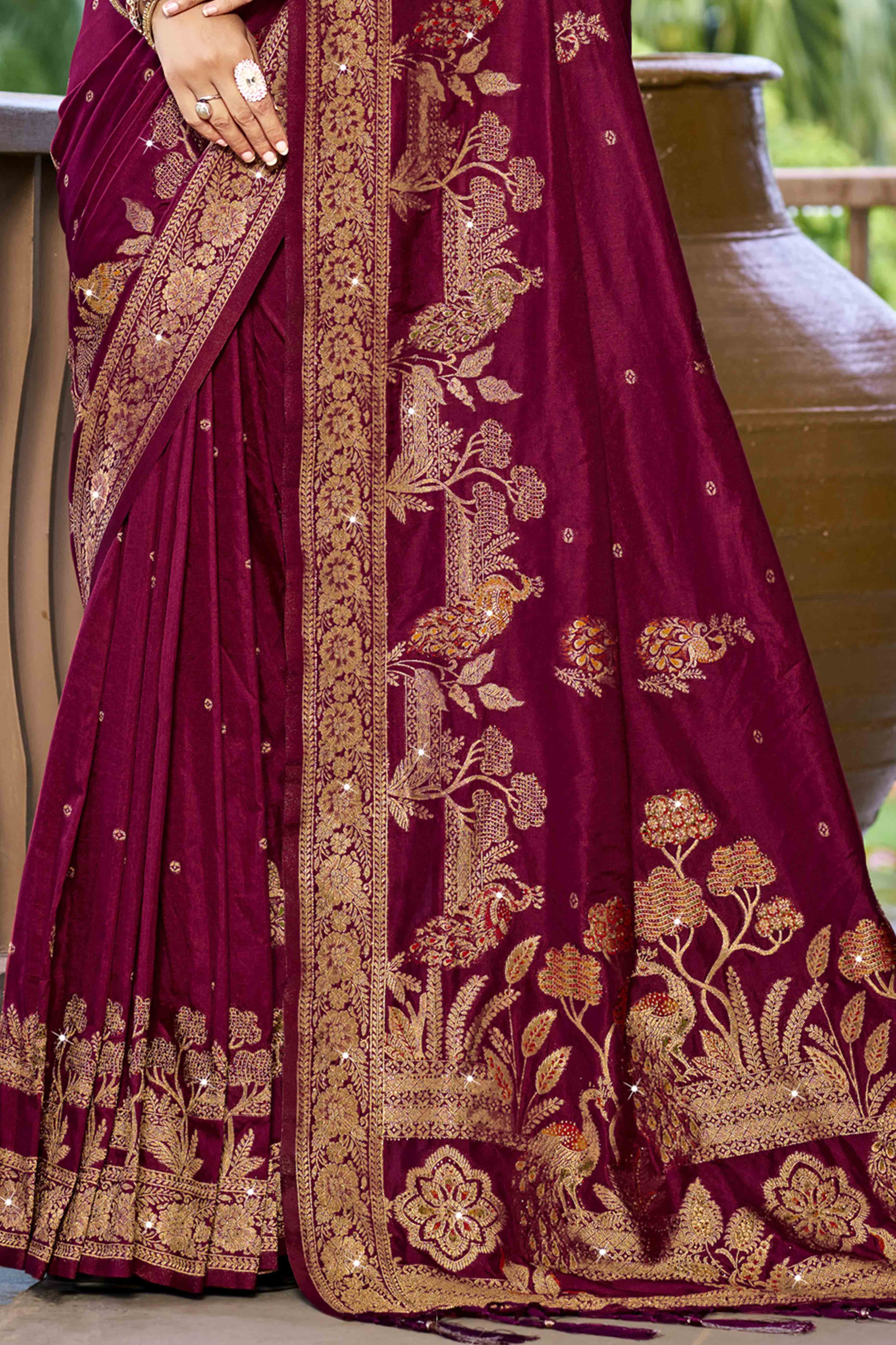 Wine Stone Work Weaving Satin Silk Saree