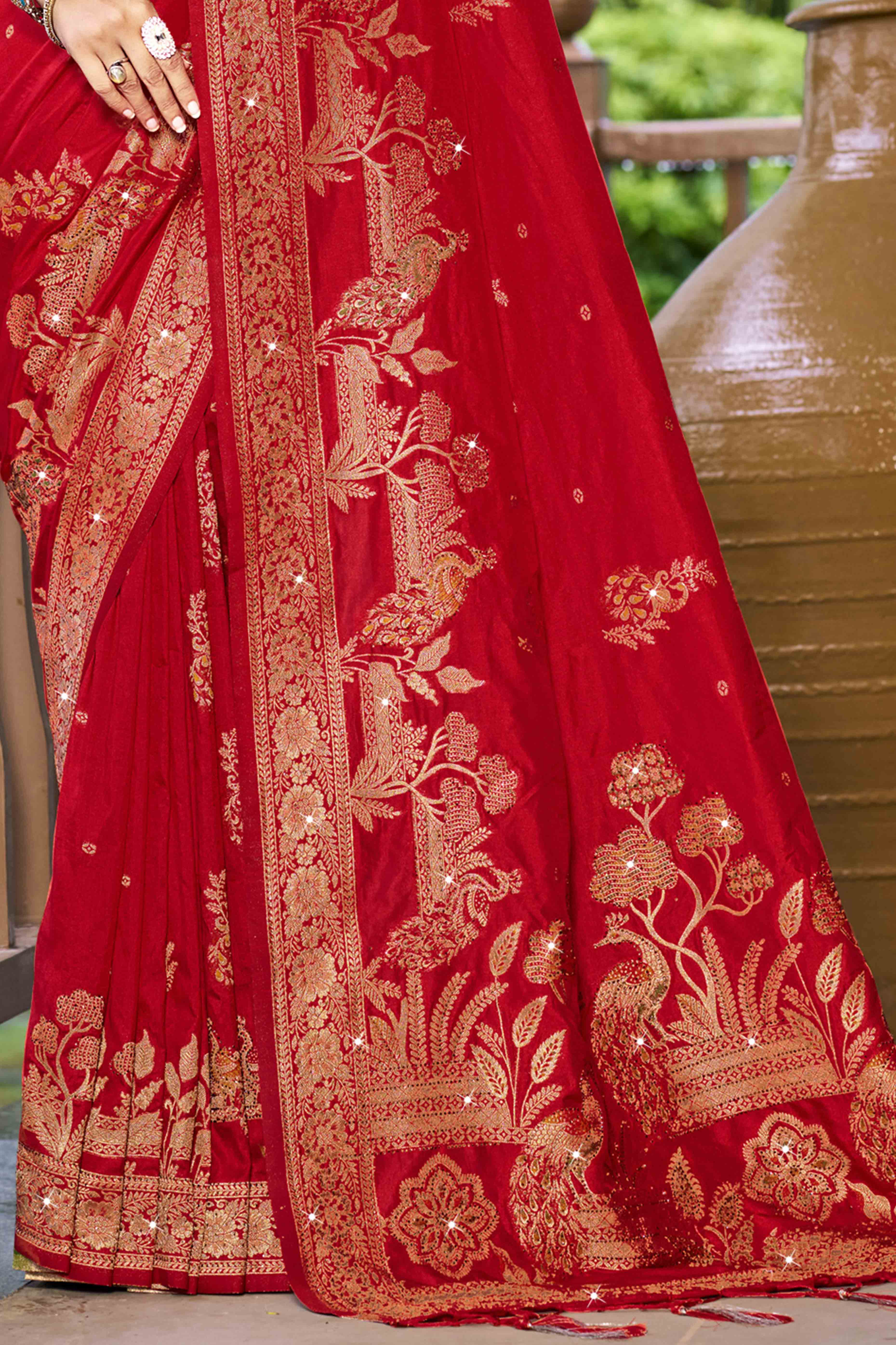 Red Stone Work Weaving Satin Silk Saree