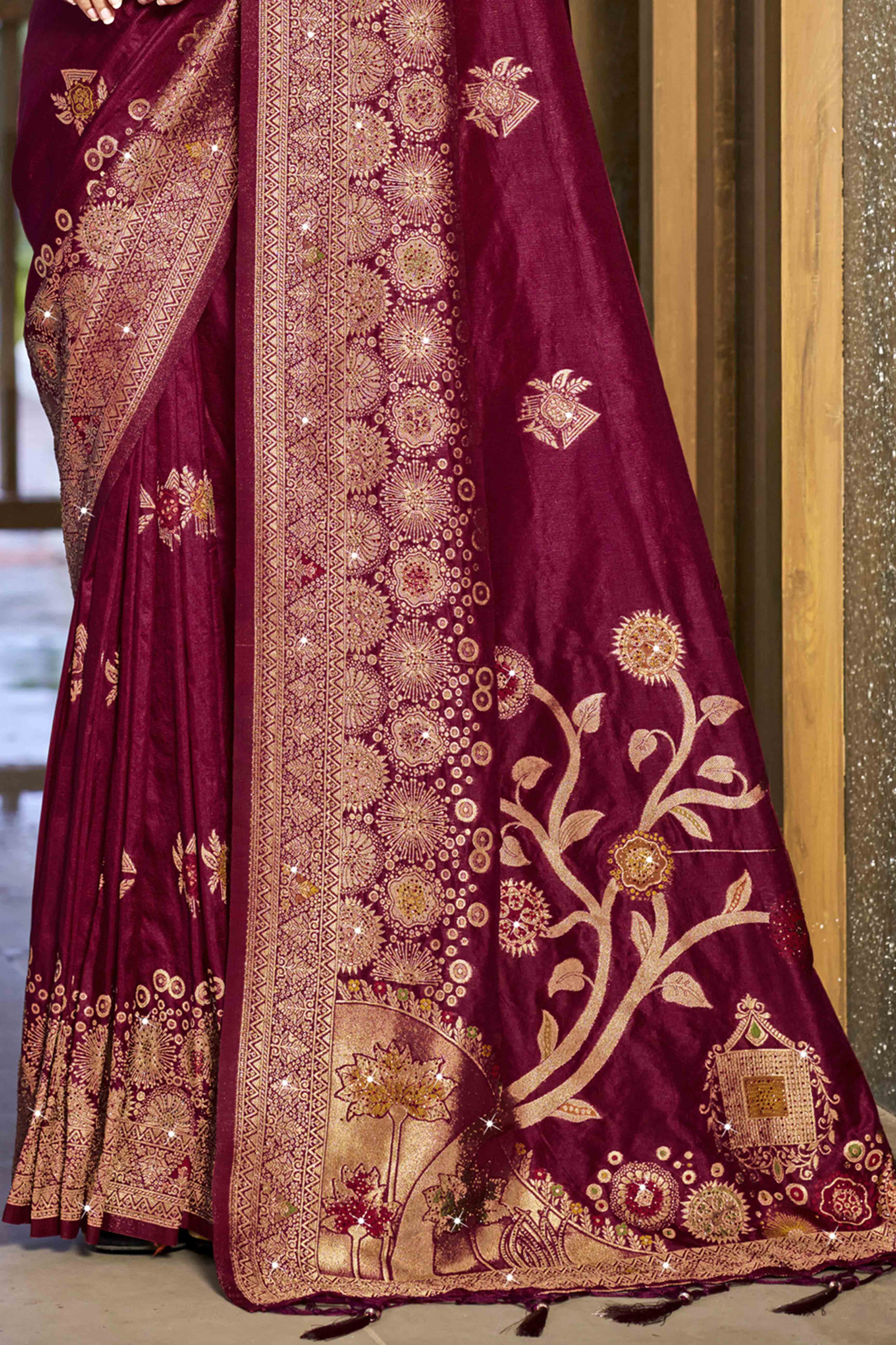 Wine Stone Work Weaving Satin Silk Saree