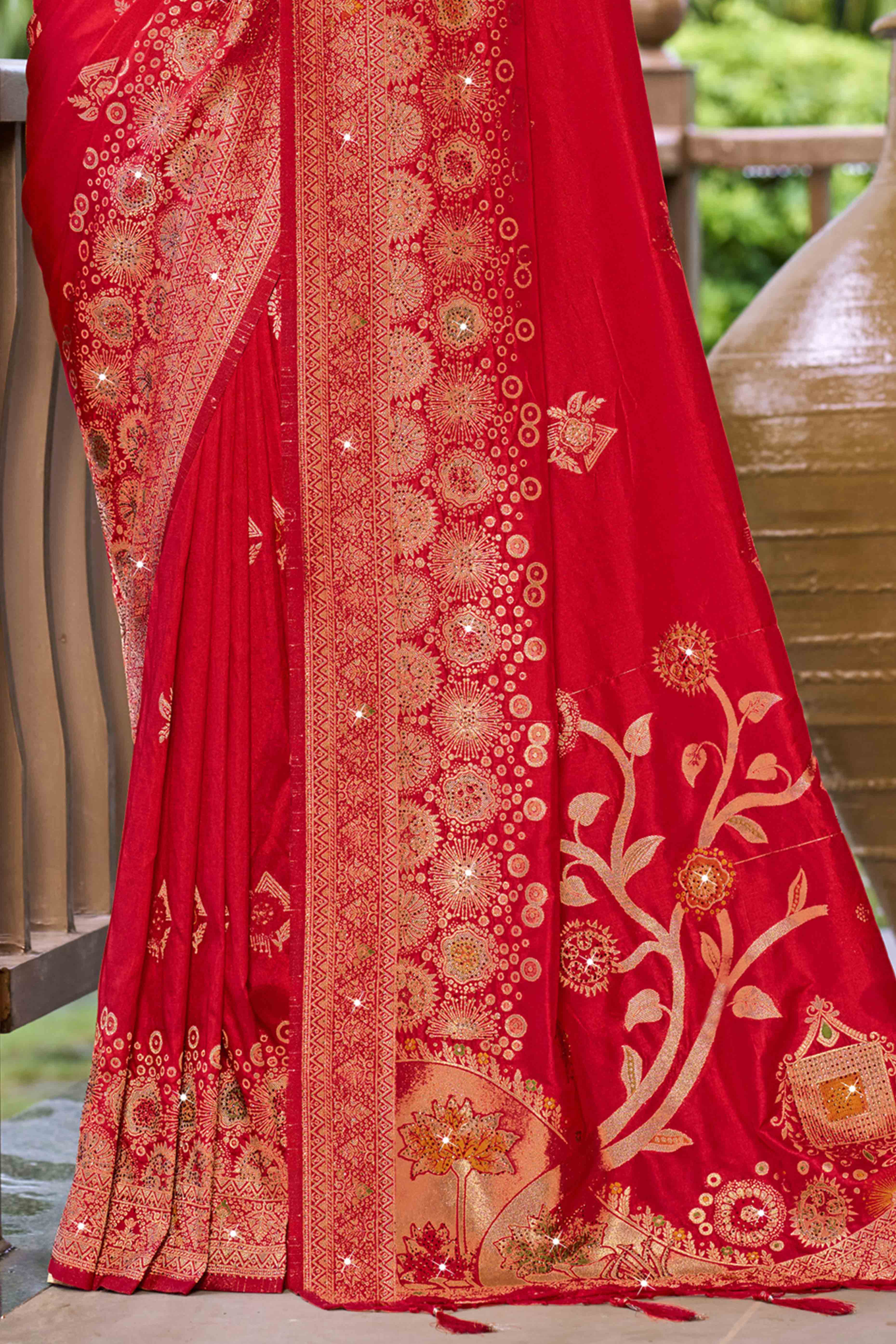 Red Stone Work Weaving Satin Silk Saree