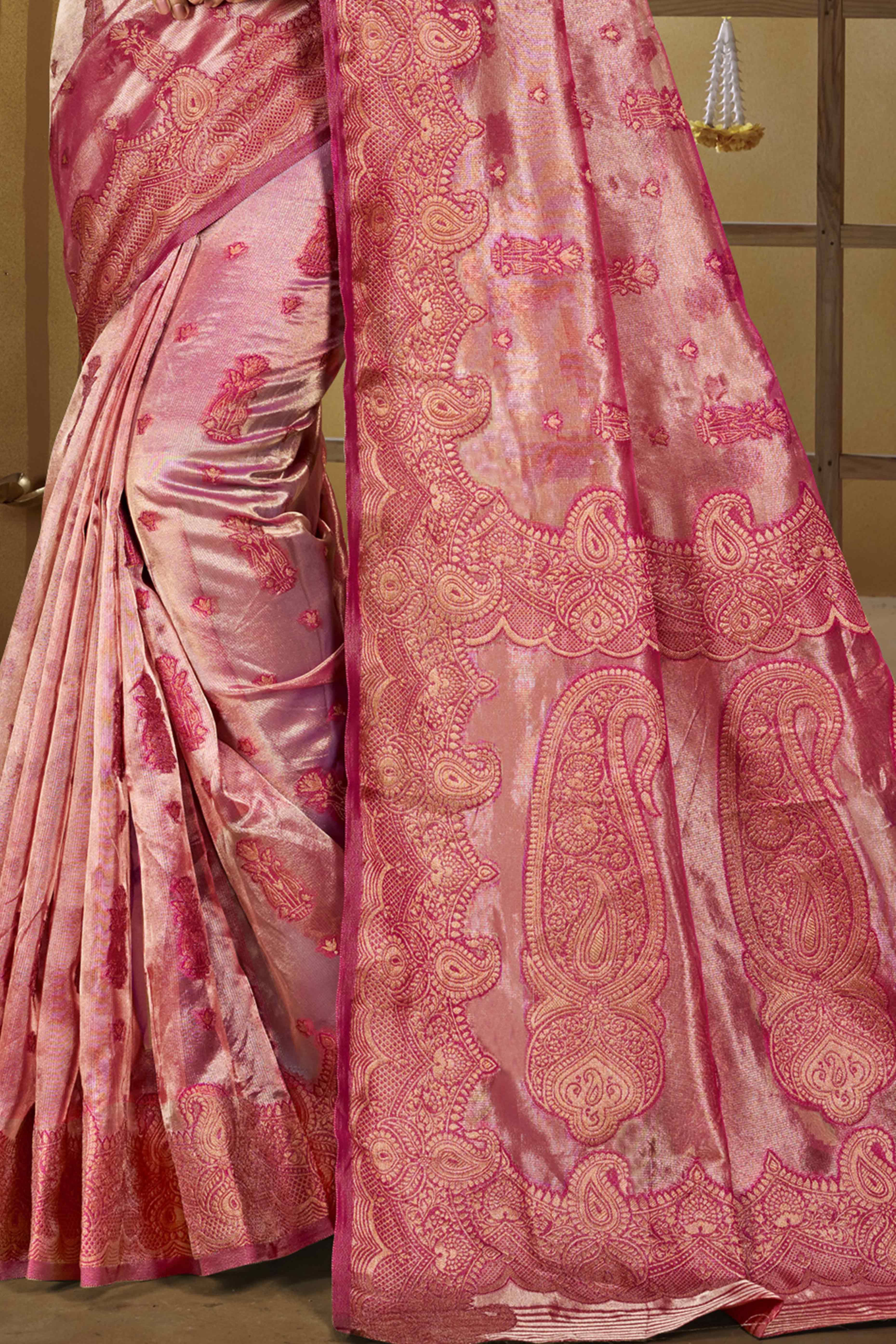 Pink Paisley Pattern Woven Organza Silk Saree