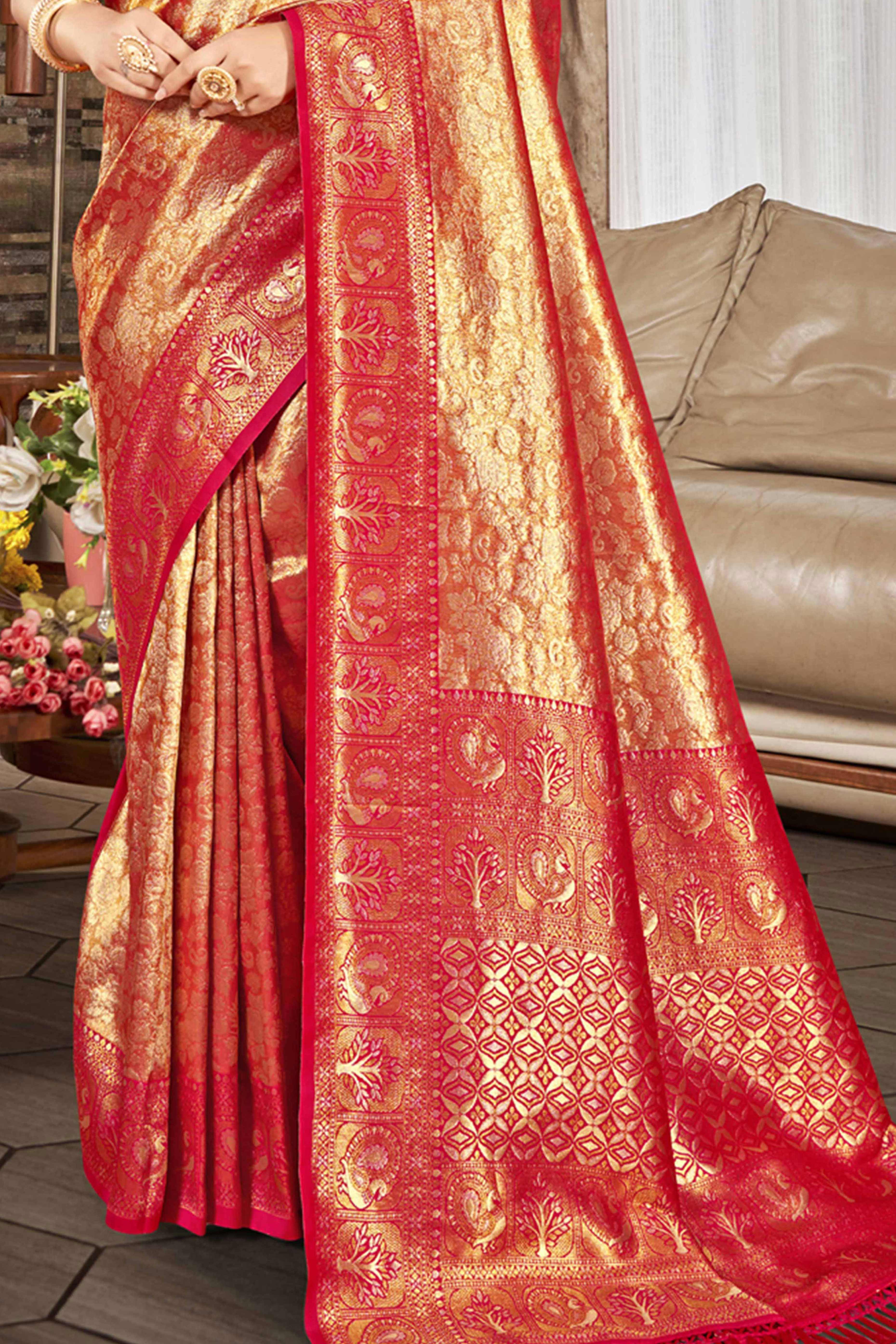 Premium Pink Floral and Peacock Motif Woven Kanjivaram Silk Saree With Tassel Pallu