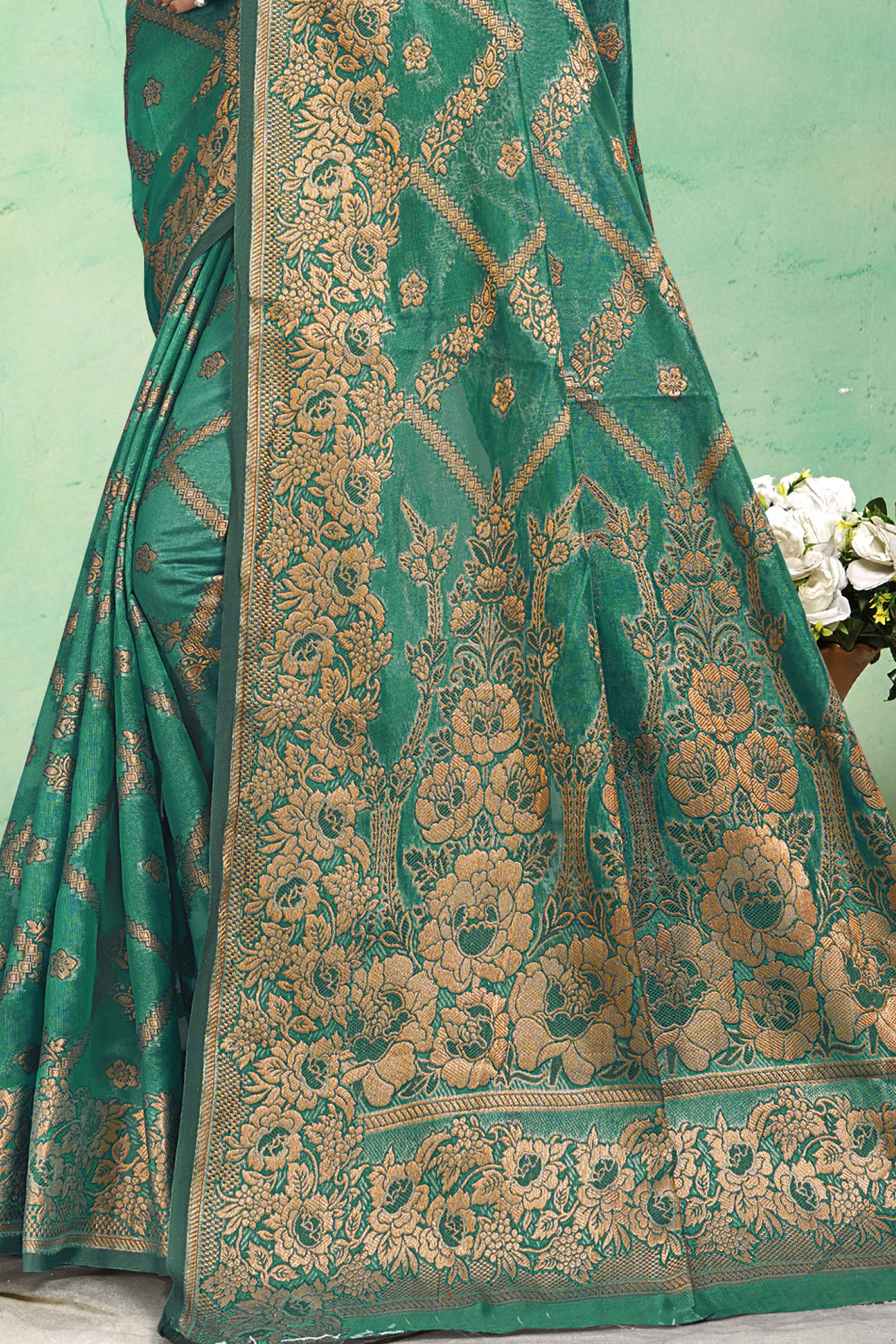 Rama Green Floral Woven Cotton Silk Saree