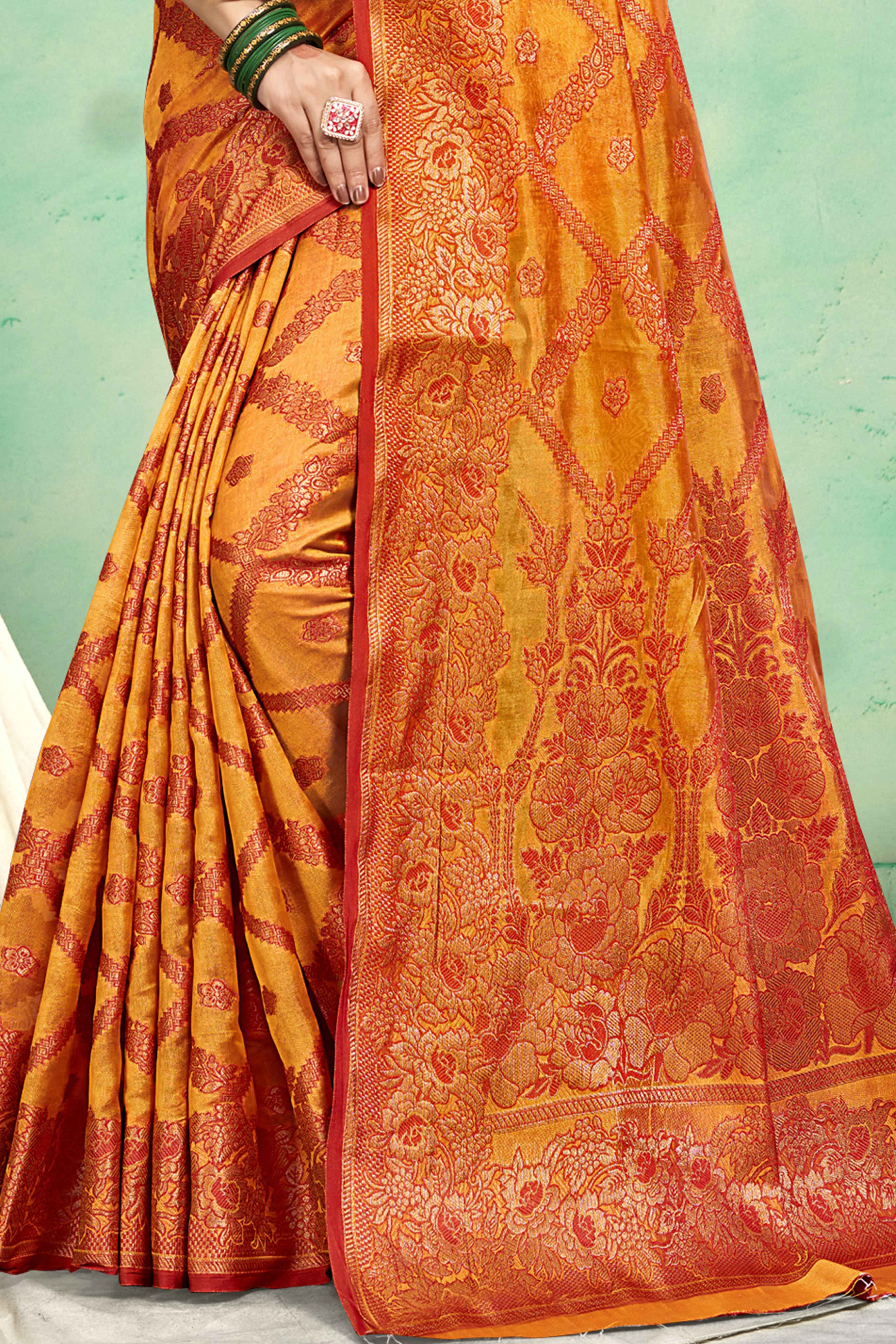 Mustard Floral Woven Cotton Silk Saree