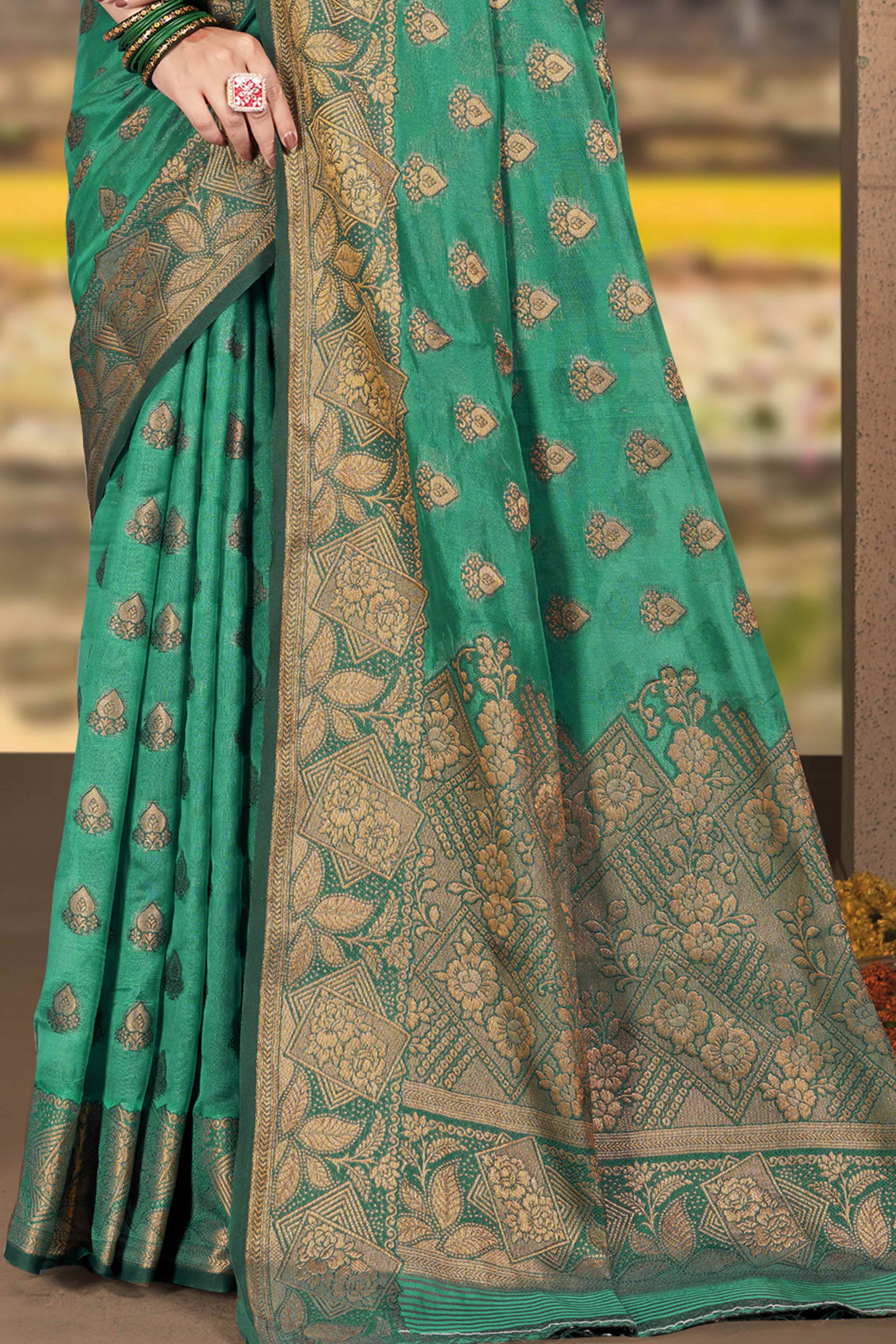 Rama Green Floral Woven Cotton Silk Saree