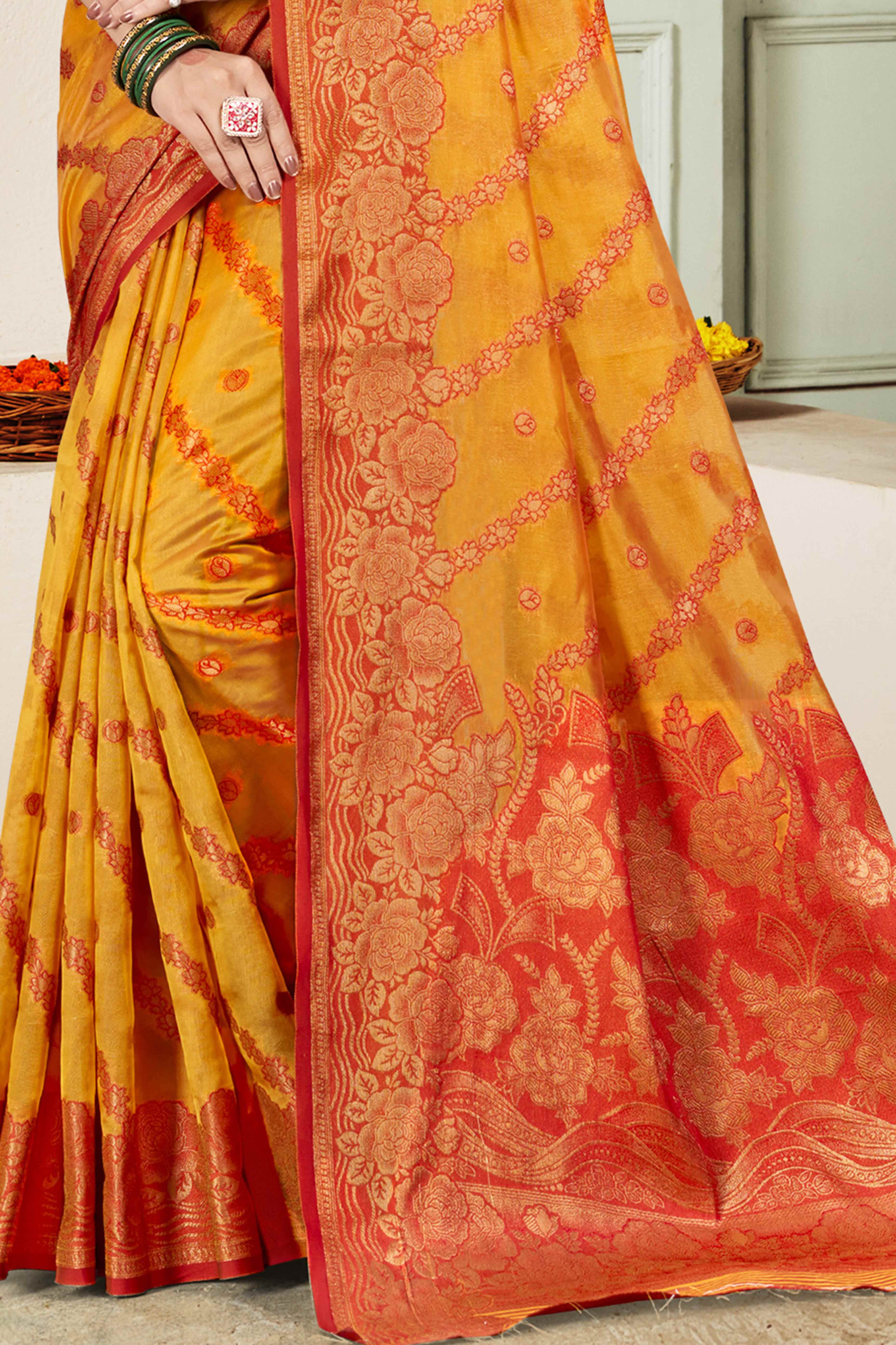 Yellow Floral Woven Cotton Silk Saree