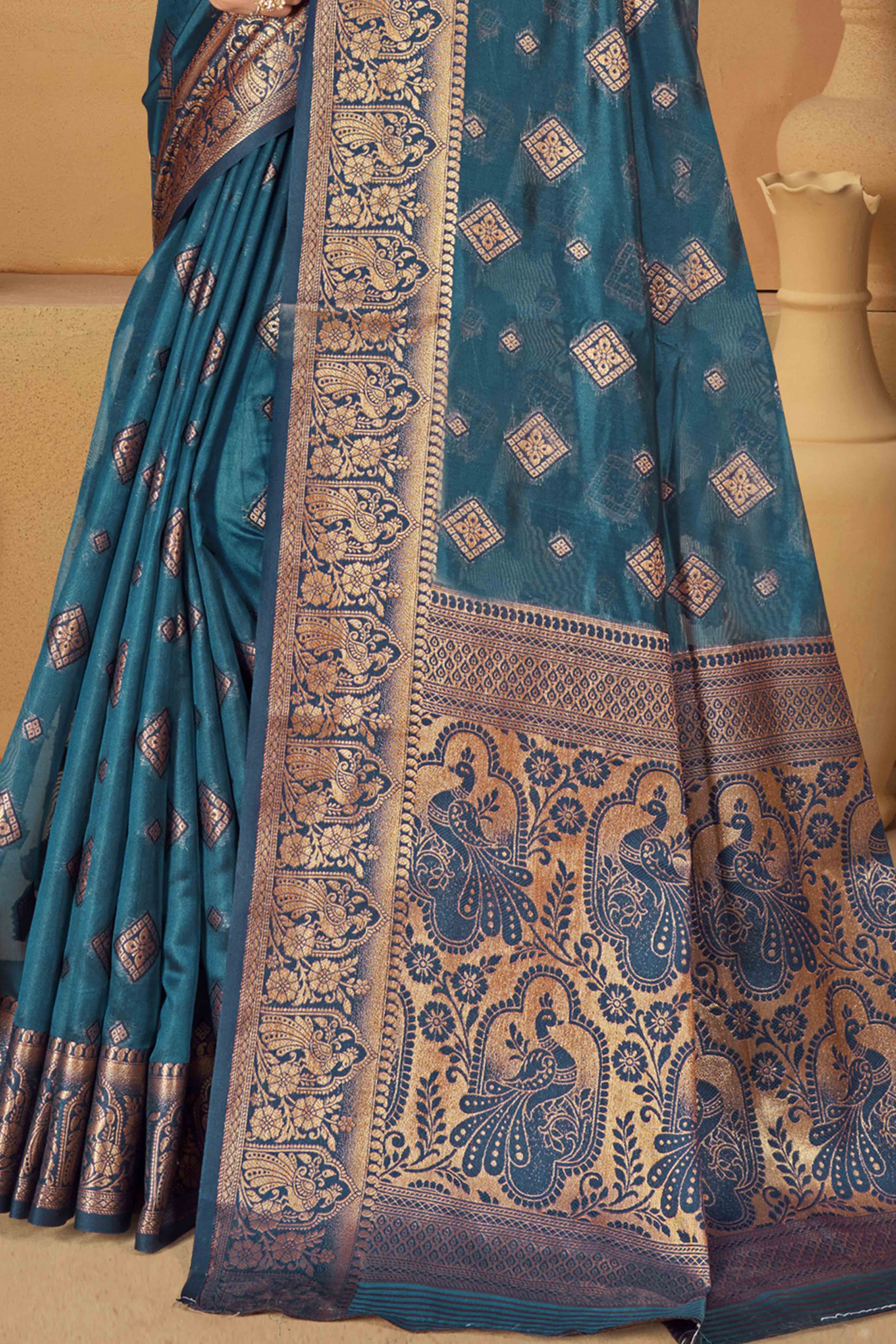 Blue Floral & Peacock Pattern Zari Woven Banarasi Silk Saree