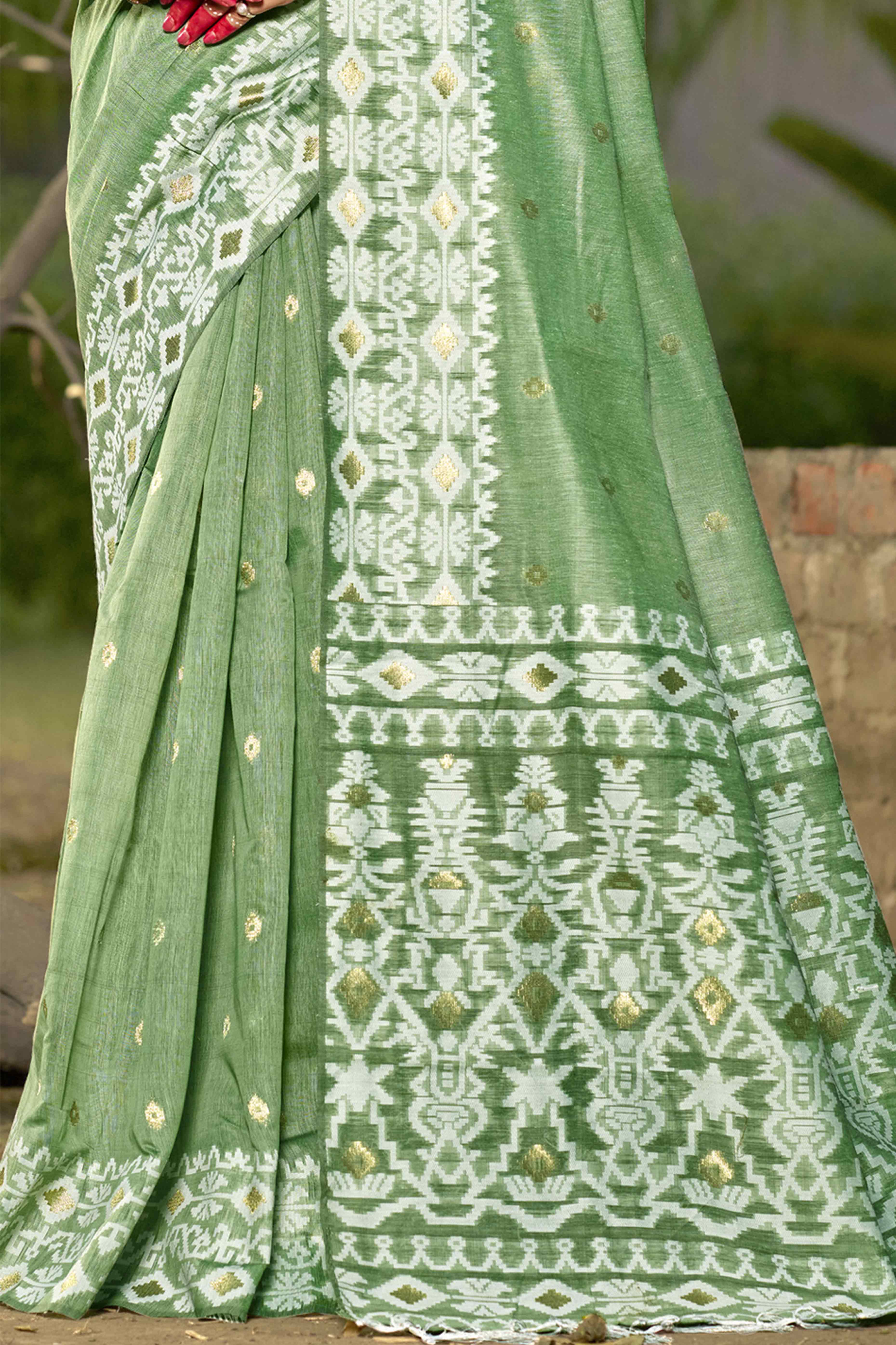 Green Woven Linen Cotton Saree With Tassels