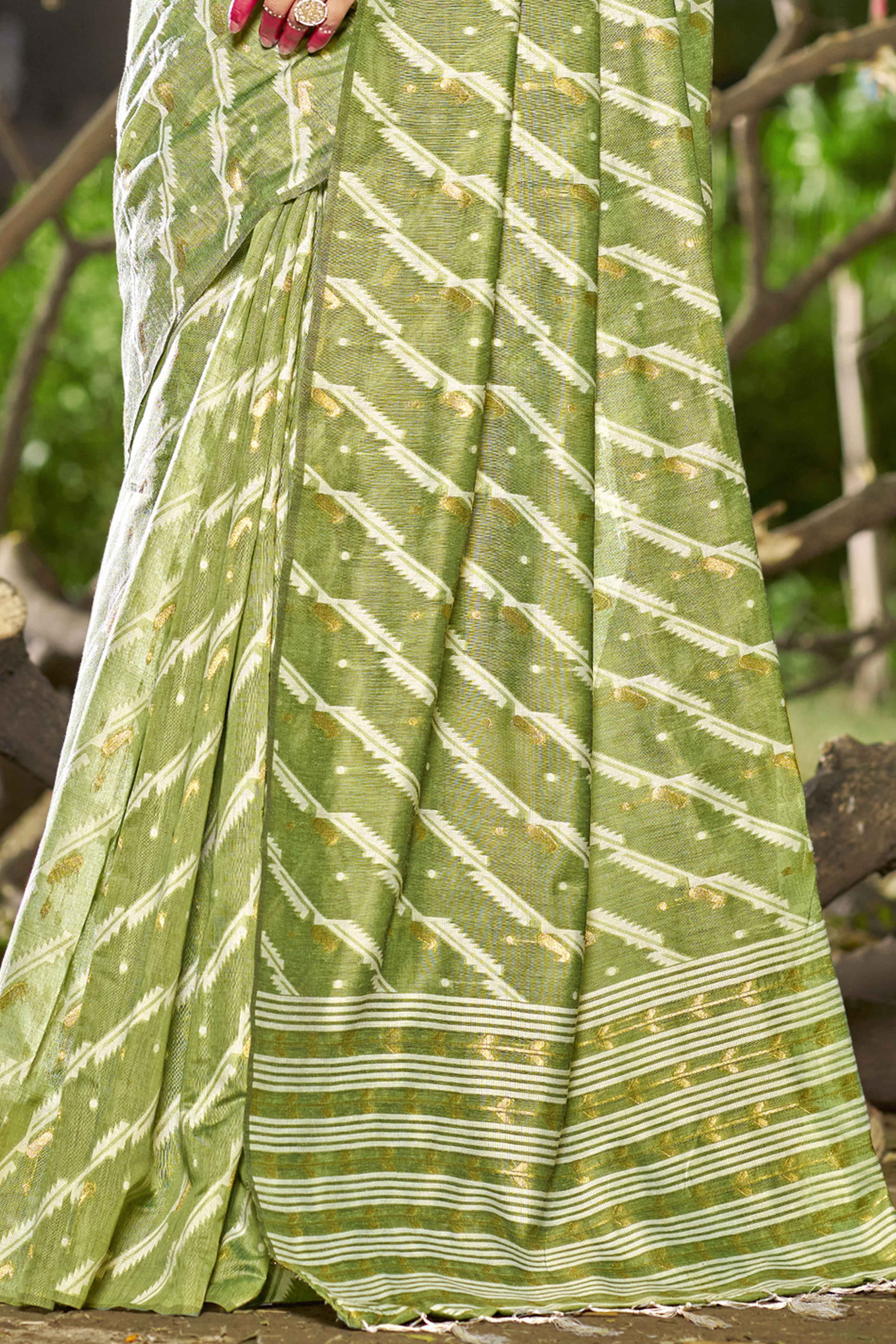 Green Printed With Woven Linen Cotton Saree With Tassels