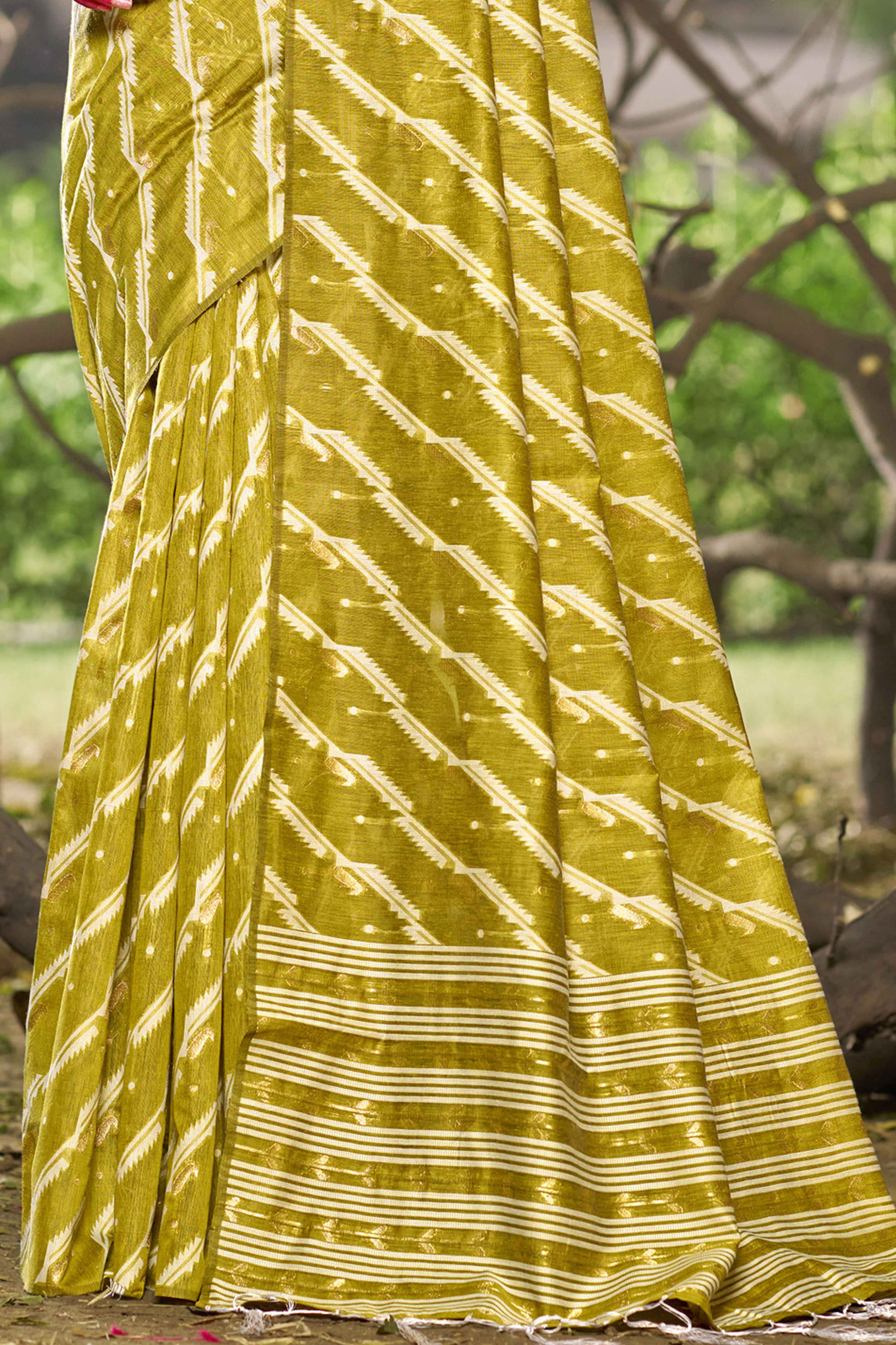 Olive Printed With Woven Linen Cotton Saree With Tassels