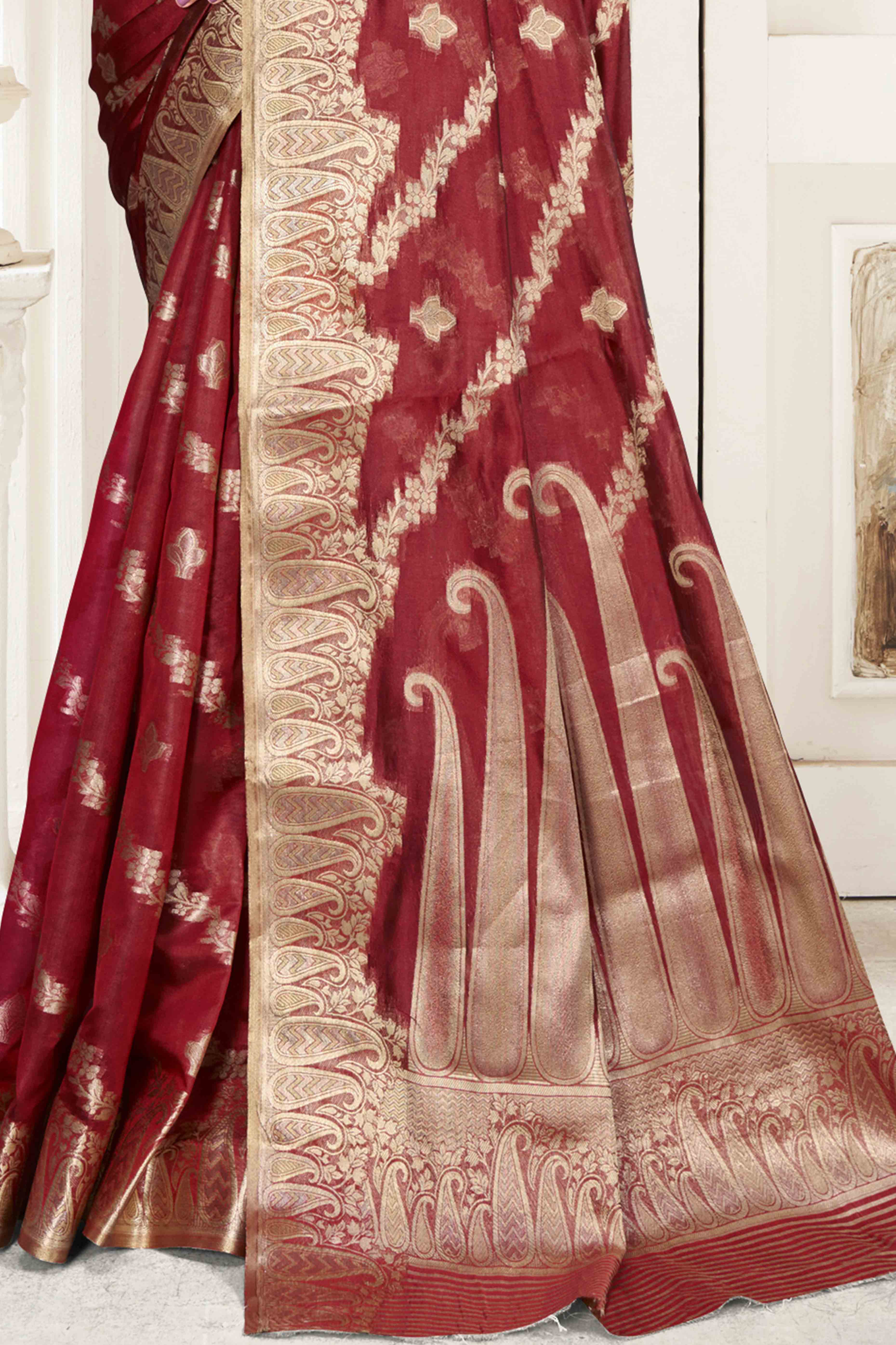 Maroon Floral With Paisley Pattern Zari Woven Organza Saree
